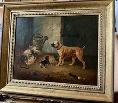 XIX secolo Ritratto di una mamma bulldog con cuccioli in un interno di un fienile che giocano