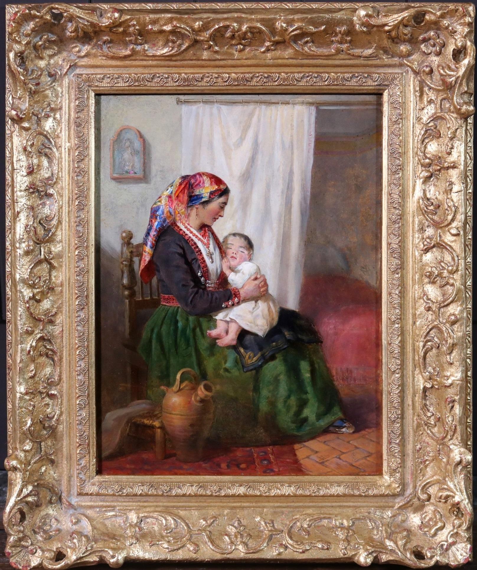 The Nurse Maid - 19th Century Oil Painting of Spanish Orientalist Family Scene - Brown Figurative Painting by Edwin Long