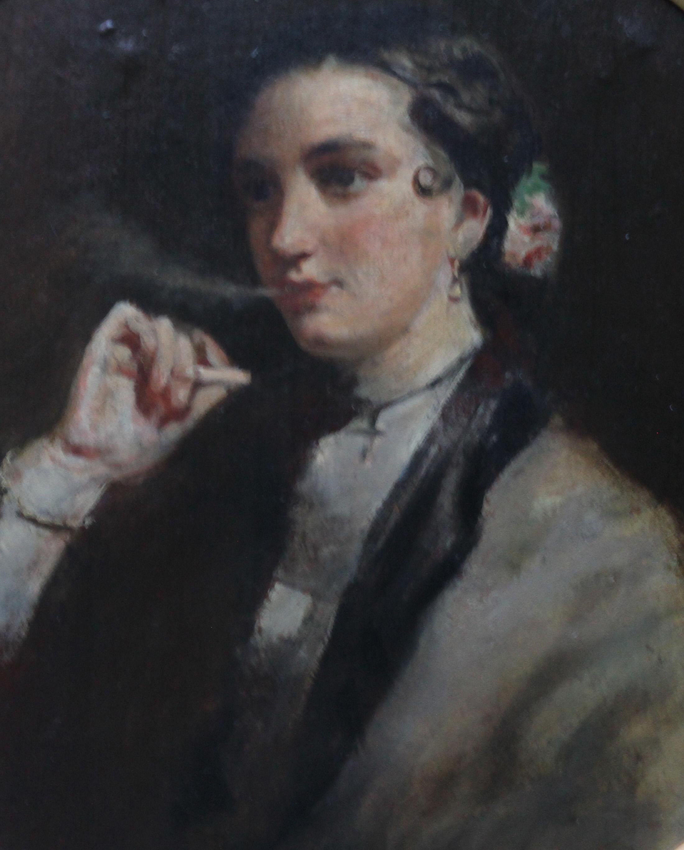 Matilda Wetherall fumant une cigarette - Peinture à l'huile de portrait victorien britannique - Painting de Edwin Longsden Long