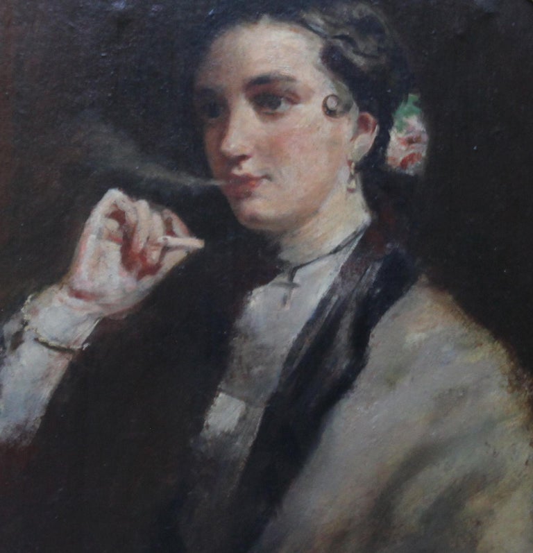 Matilda Wetherall Smoking a Cigarette - British Victorian Portrait oil painting - Realist Painting by Edwin Longsden Long