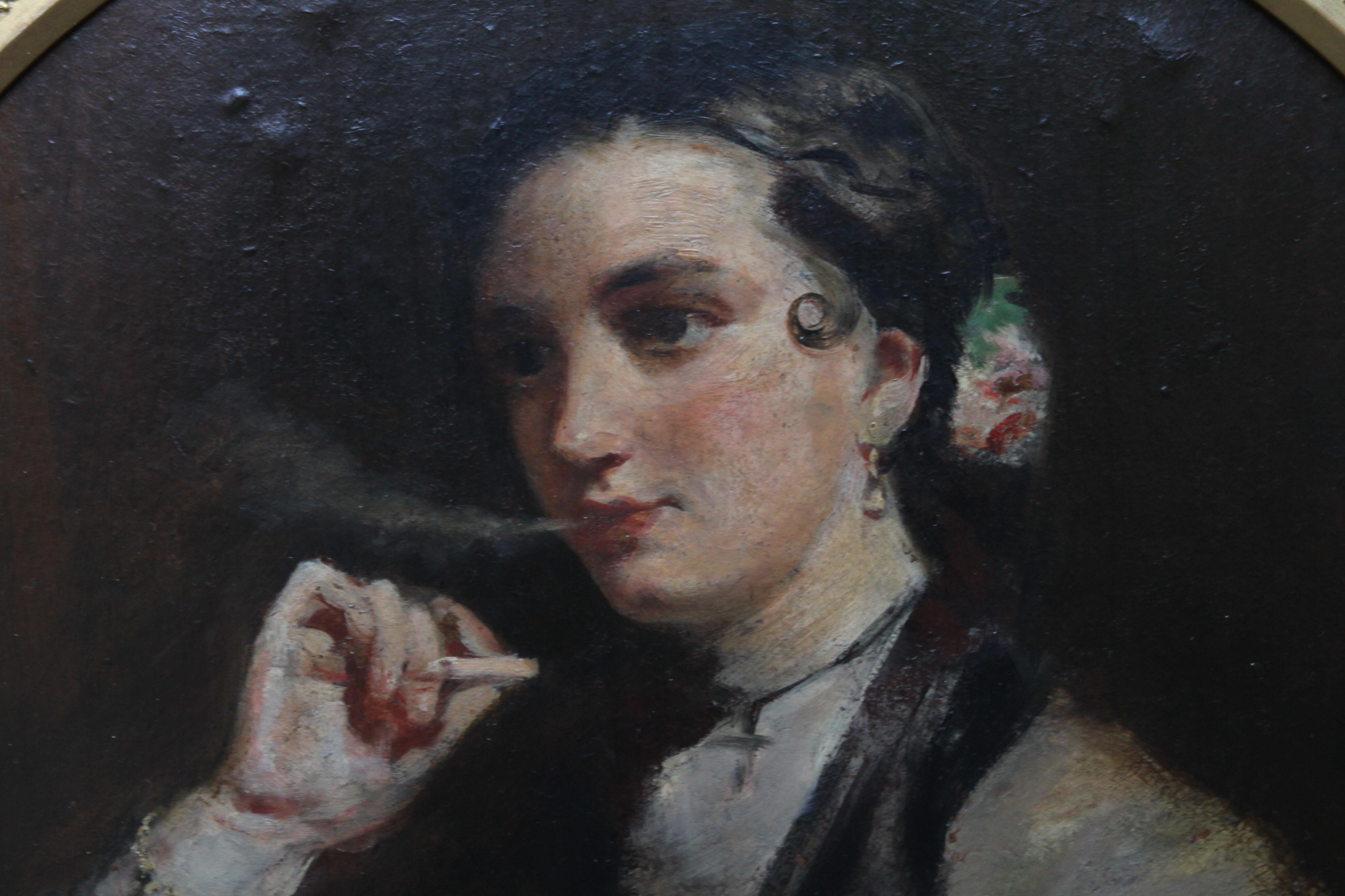 Matilda Wetherall Smoking a Cigarette - British Victorian Portrait oil painting - Realist Painting by Edwin Longsden Long