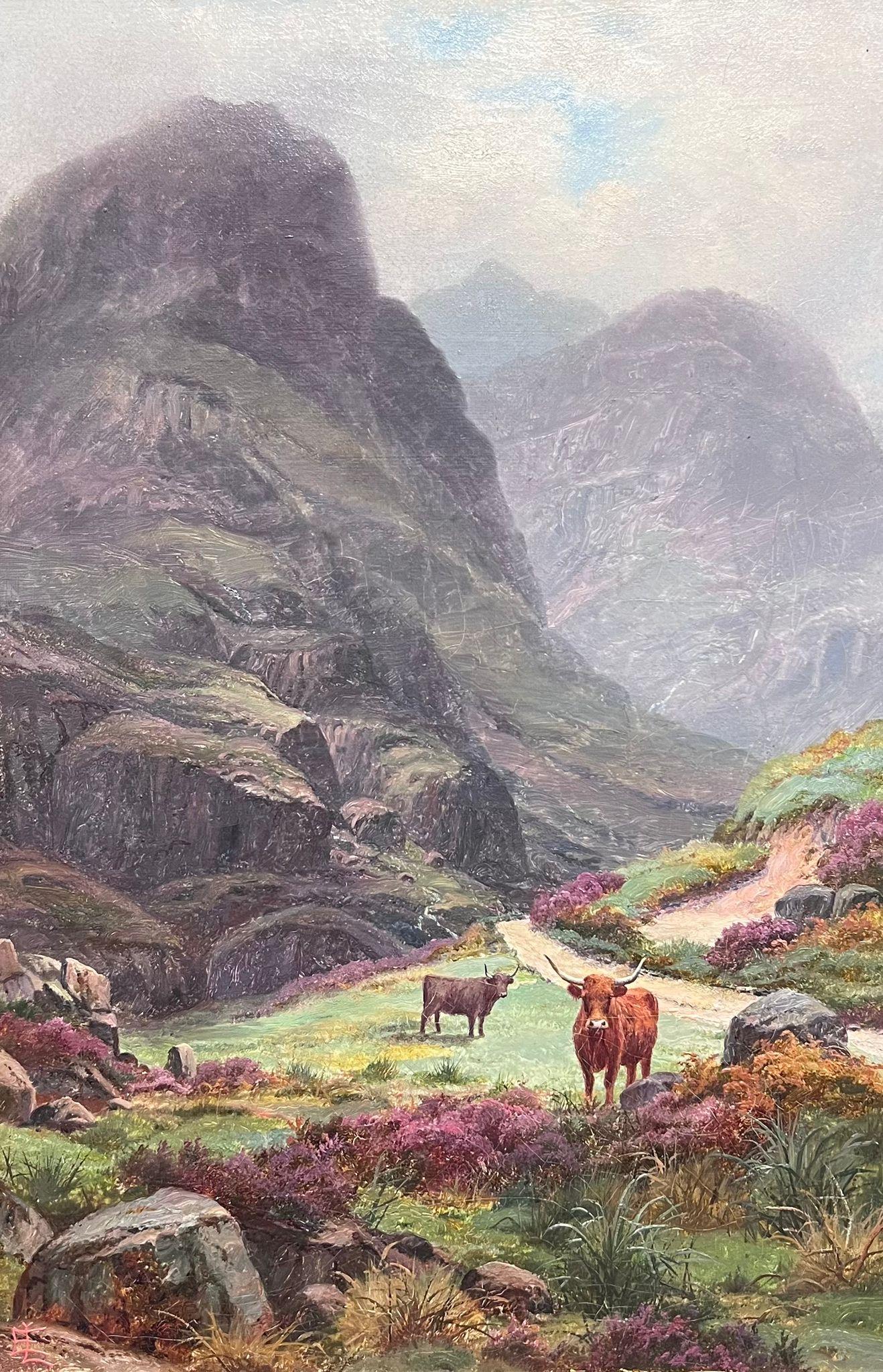 Ganado de las Highlands en un majestuoso paisaje de montaña Pintura al óleo victoriana Glencoe - Painting de Edwin Longstaffe