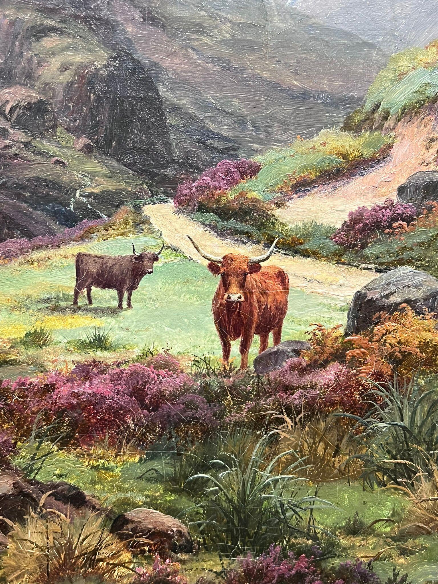 Ganado de las Highlands en un majestuoso paisaje de montaña Pintura al óleo victoriana Glencoe en venta 2