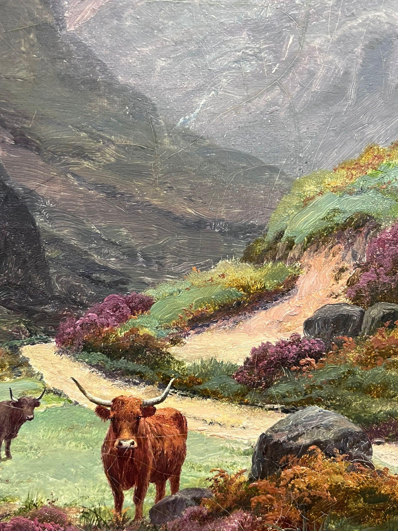 Ganado de las Highlands en un majestuoso paisaje de montaña Pintura al óleo victoriana Glencoe en venta 3