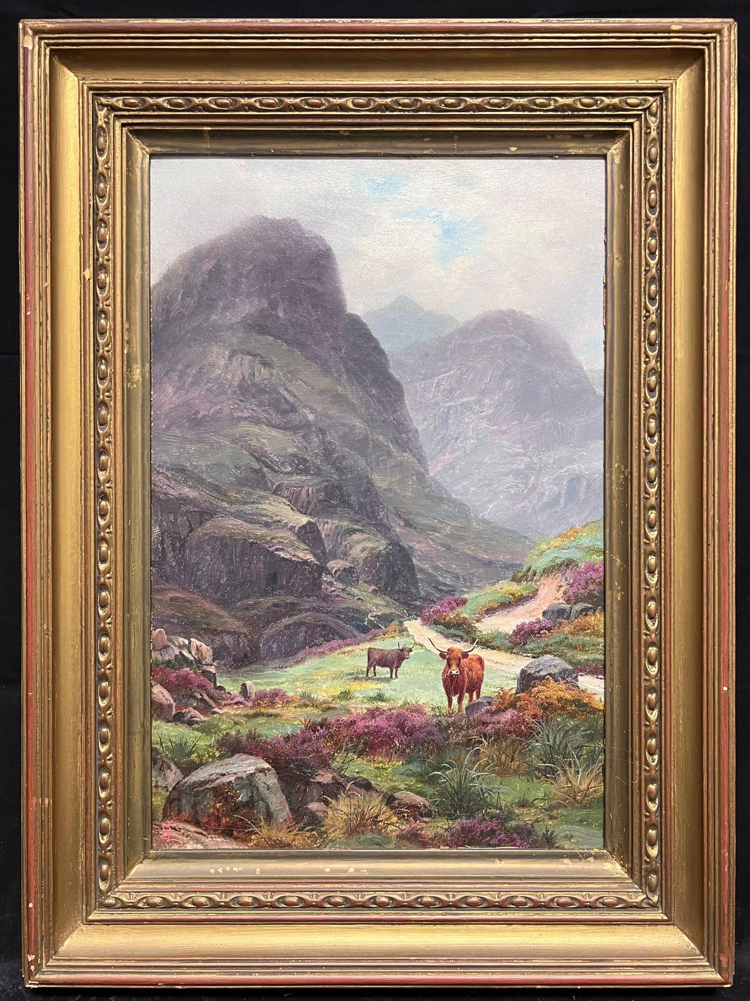 Animal Painting de Edwin Longstaffe - Ganado de las Highlands en un majestuoso paisaje de montaña Pintura al óleo victoriana Glencoe