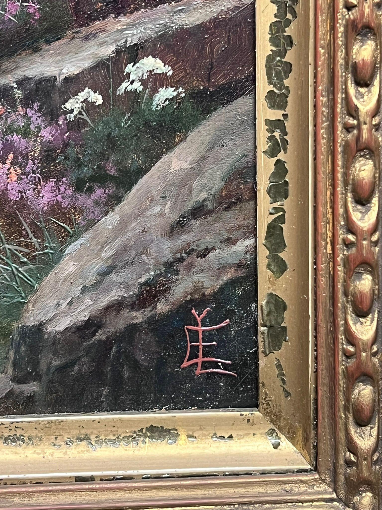 Pastore e pecore attraverso un sereno paesaggio montano Tranquillo Antico olio gallese - Painting Vittoriano di Edwin Longstaffe