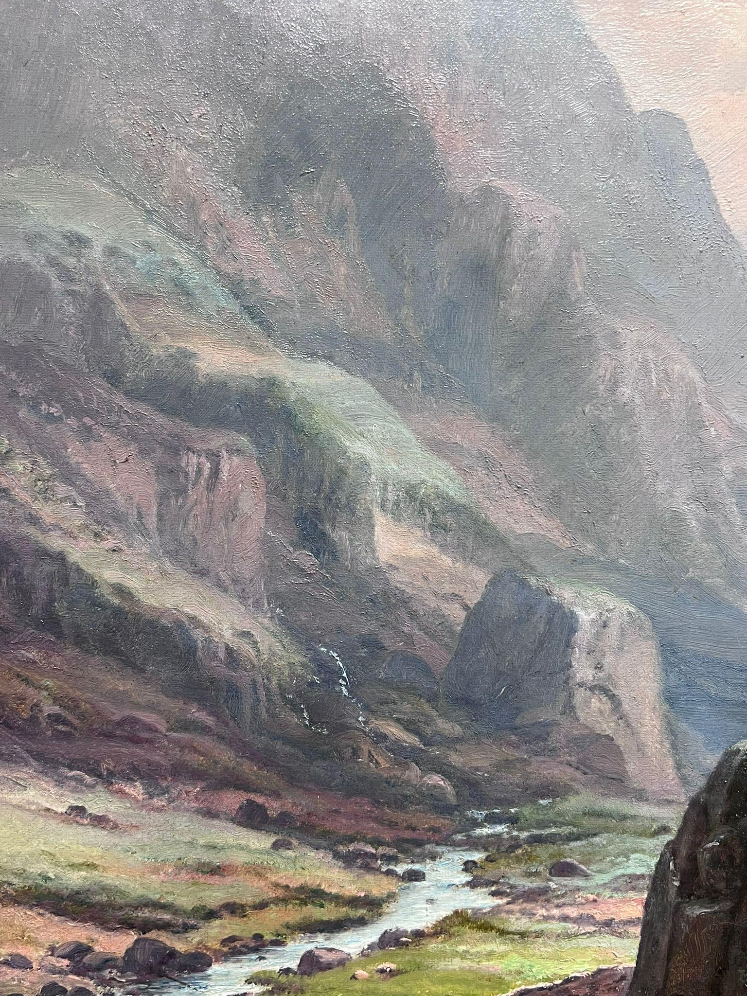 Pastore e pecore attraverso un sereno paesaggio montano Tranquillo Antico olio gallese - Landscape Painting Marrone di Edwin Longstaffe