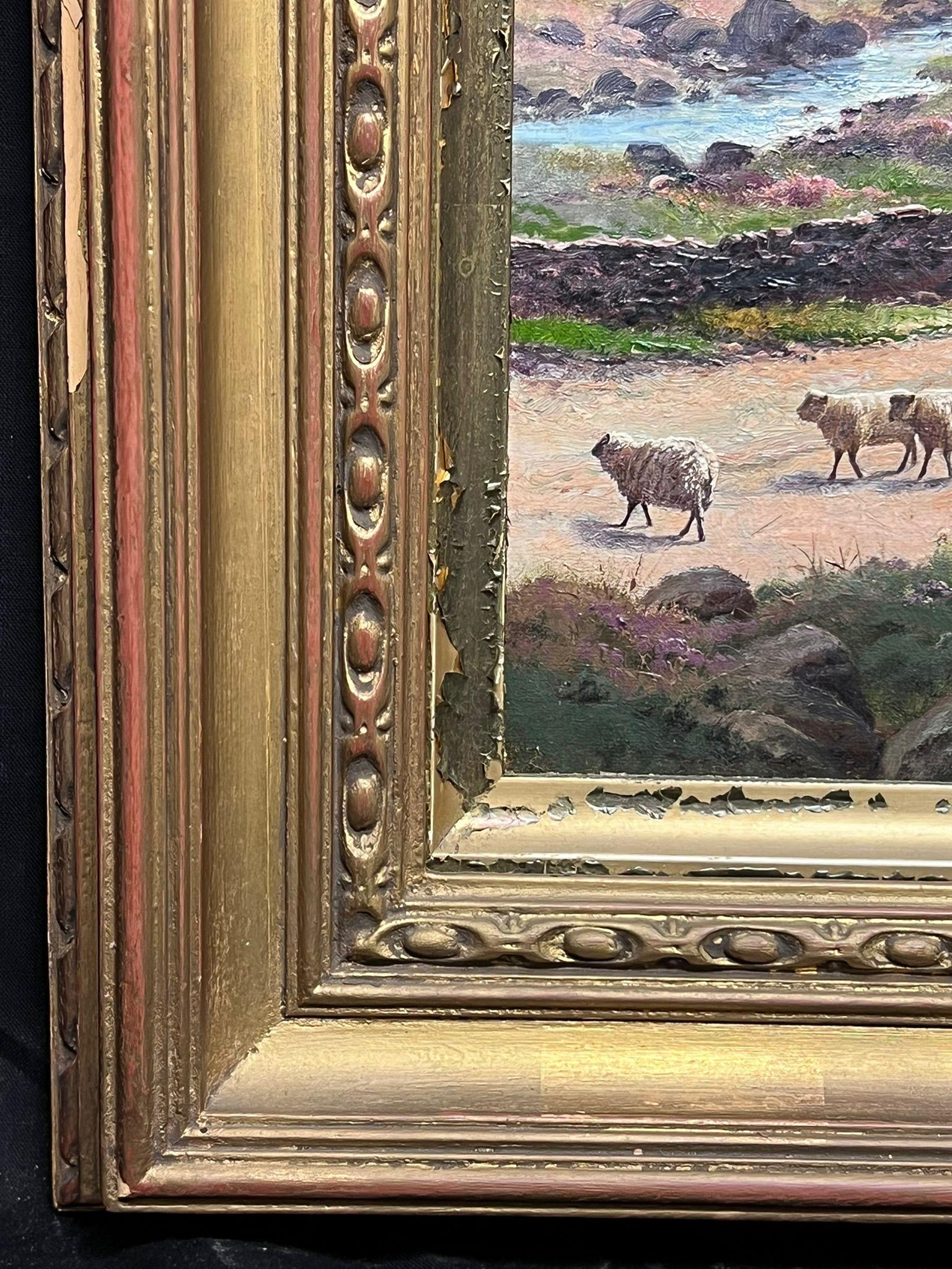 Pastore e pecore attraverso un sereno paesaggio montano Tranquillo Antico olio gallese 3