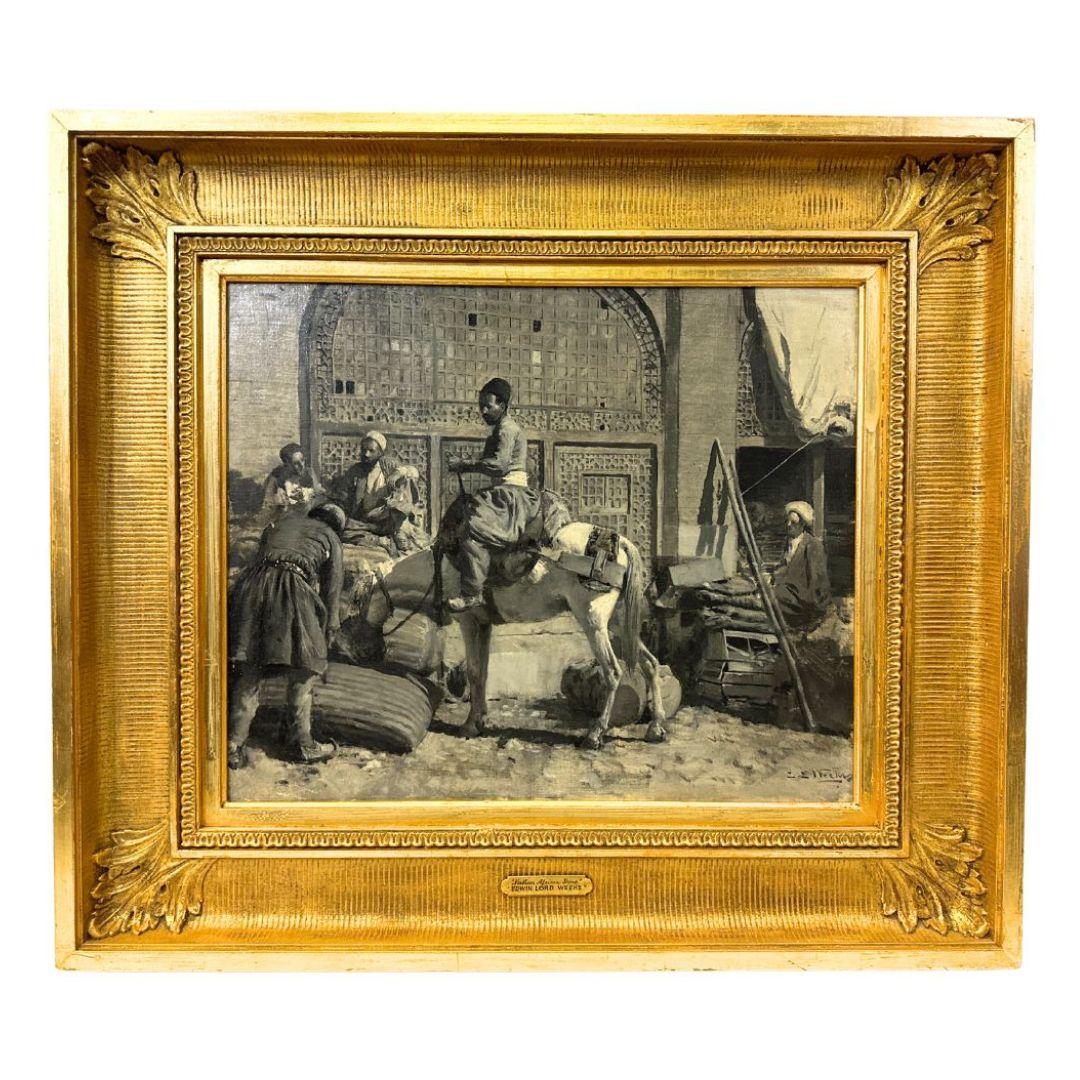 Edwin Lord Weeks  Figurative Painting - "Caravansary at Shiraz" Antique orientalist Black & White Oil Painting on Board