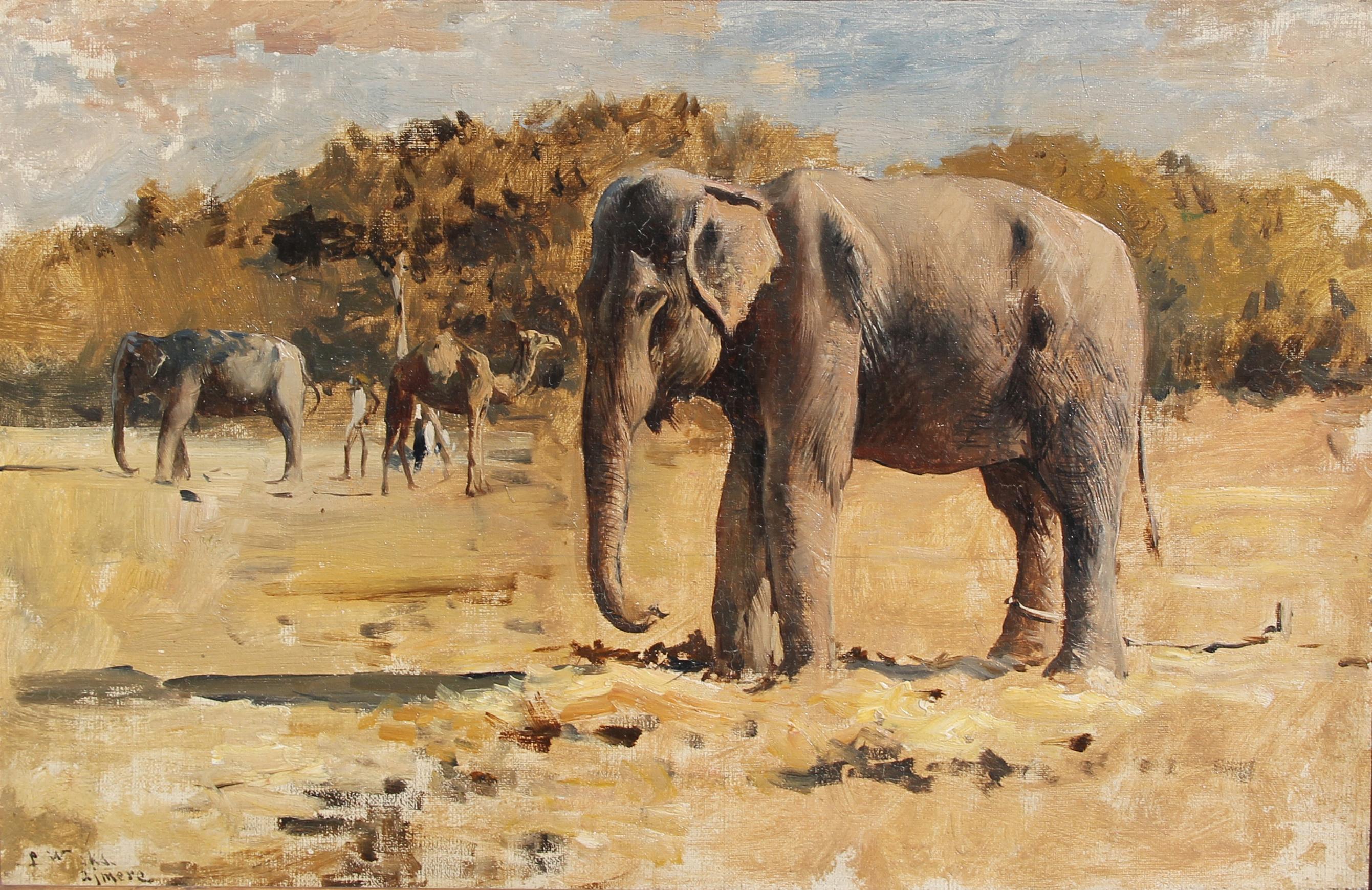 Edwin Lord Weeks Animal Painting - Elephants of Bekanir - Oil on Canvas - American