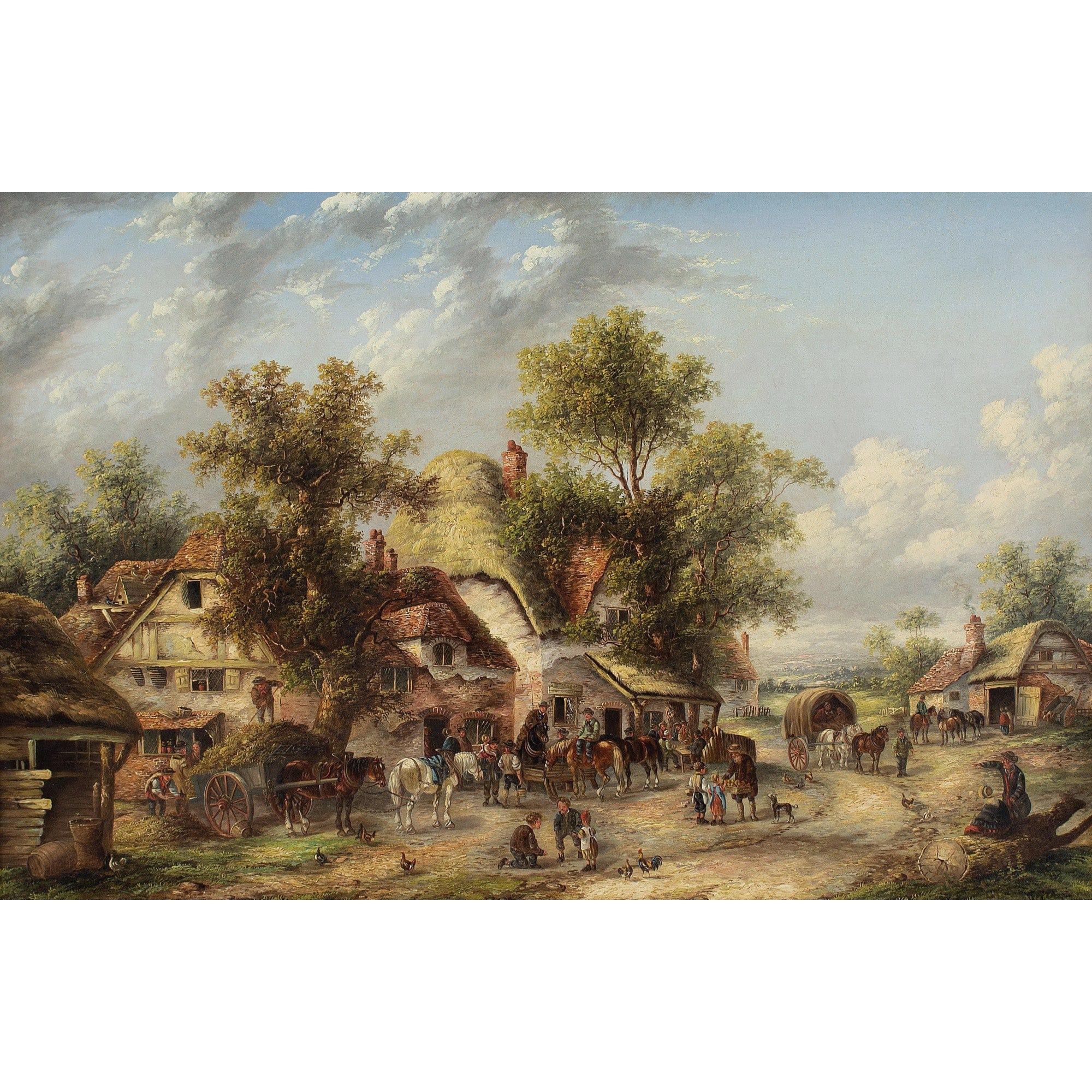Peinture à l'huile Edwin Masters, Scène de village avec cottages en vente 1