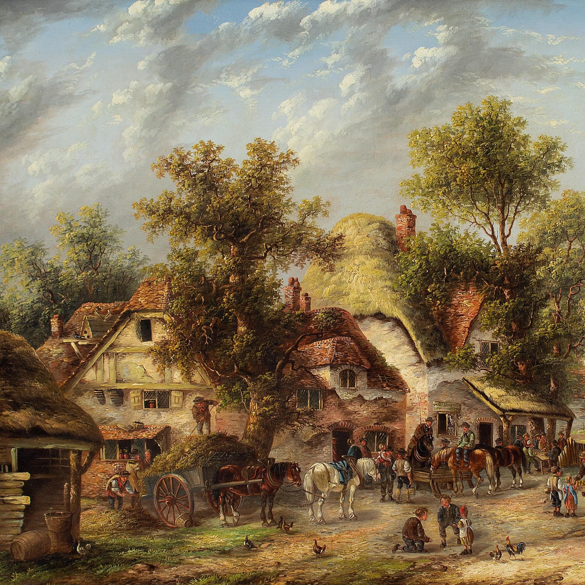 Peinture à l'huile Edwin Masters, Scène de village avec cottages en vente 2