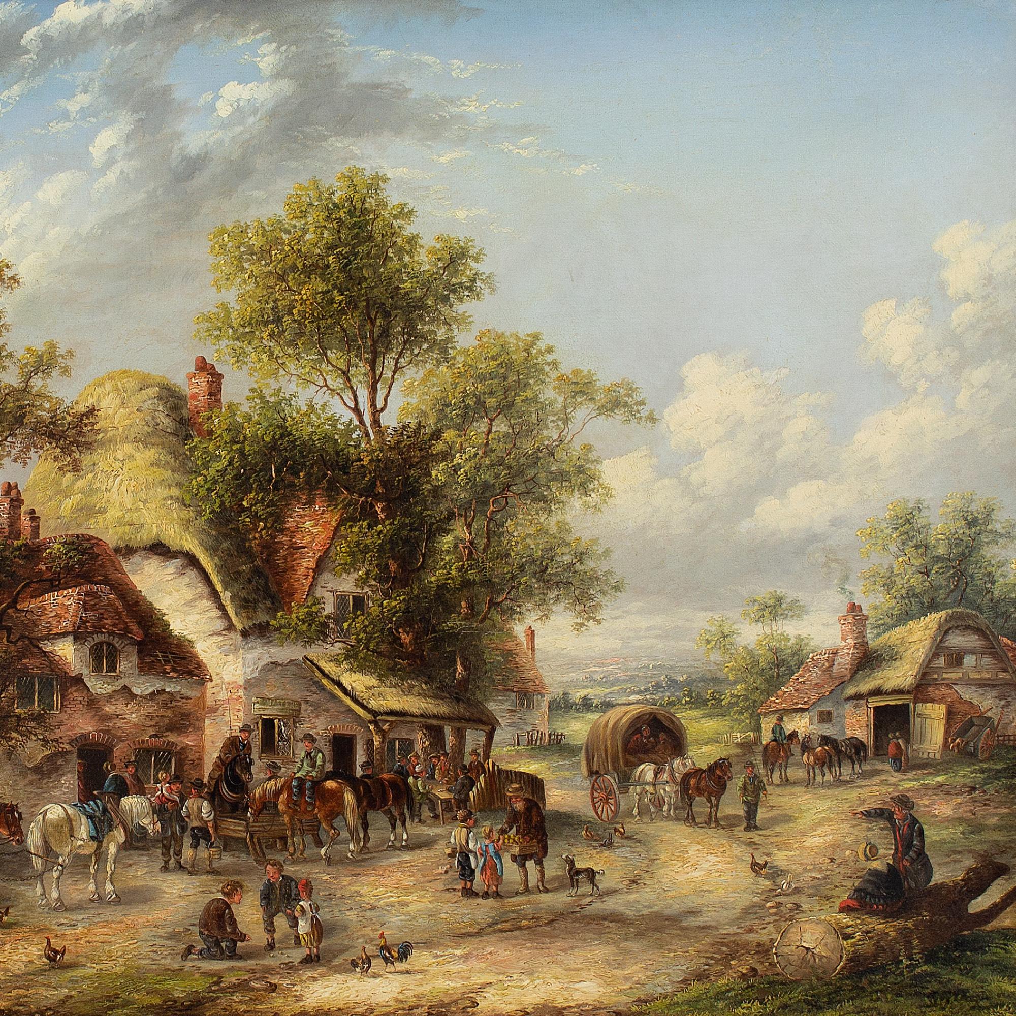 This charming oil painting by British artist Edwin Masters (act. 1862-1877) depicts a busy village scene with several thatched cottages and figures. It’s abundant with life and each character seems to tell their own story.

The scene is centred