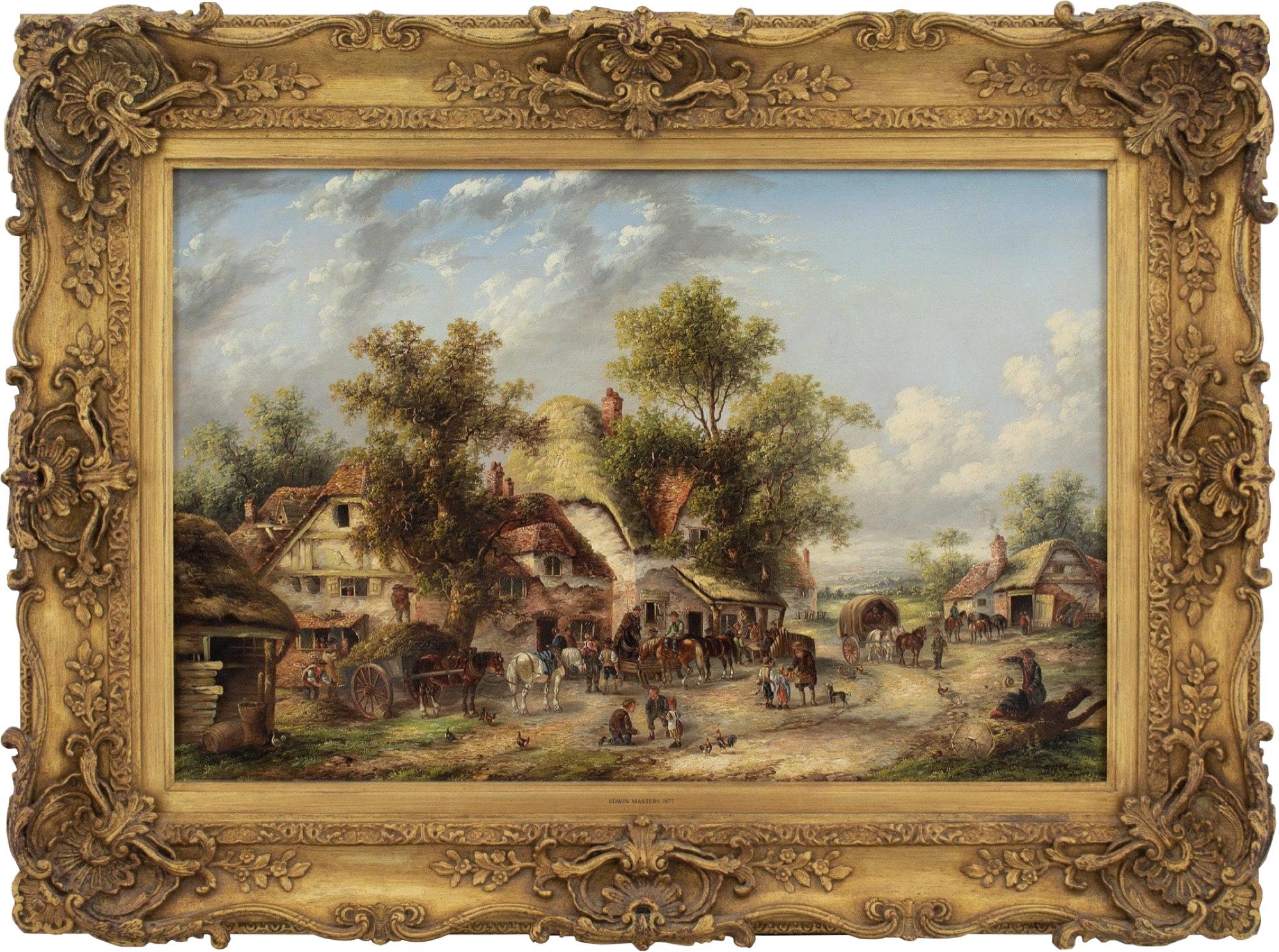 Cette charmante peinture à l'huile de l'artiste britannique Edwin Masters (act. 1862-1877) représente une scène de village animée avec plusieurs chaumières et personnages. Il est plein de vie et chaque personnage semble raconter sa propre