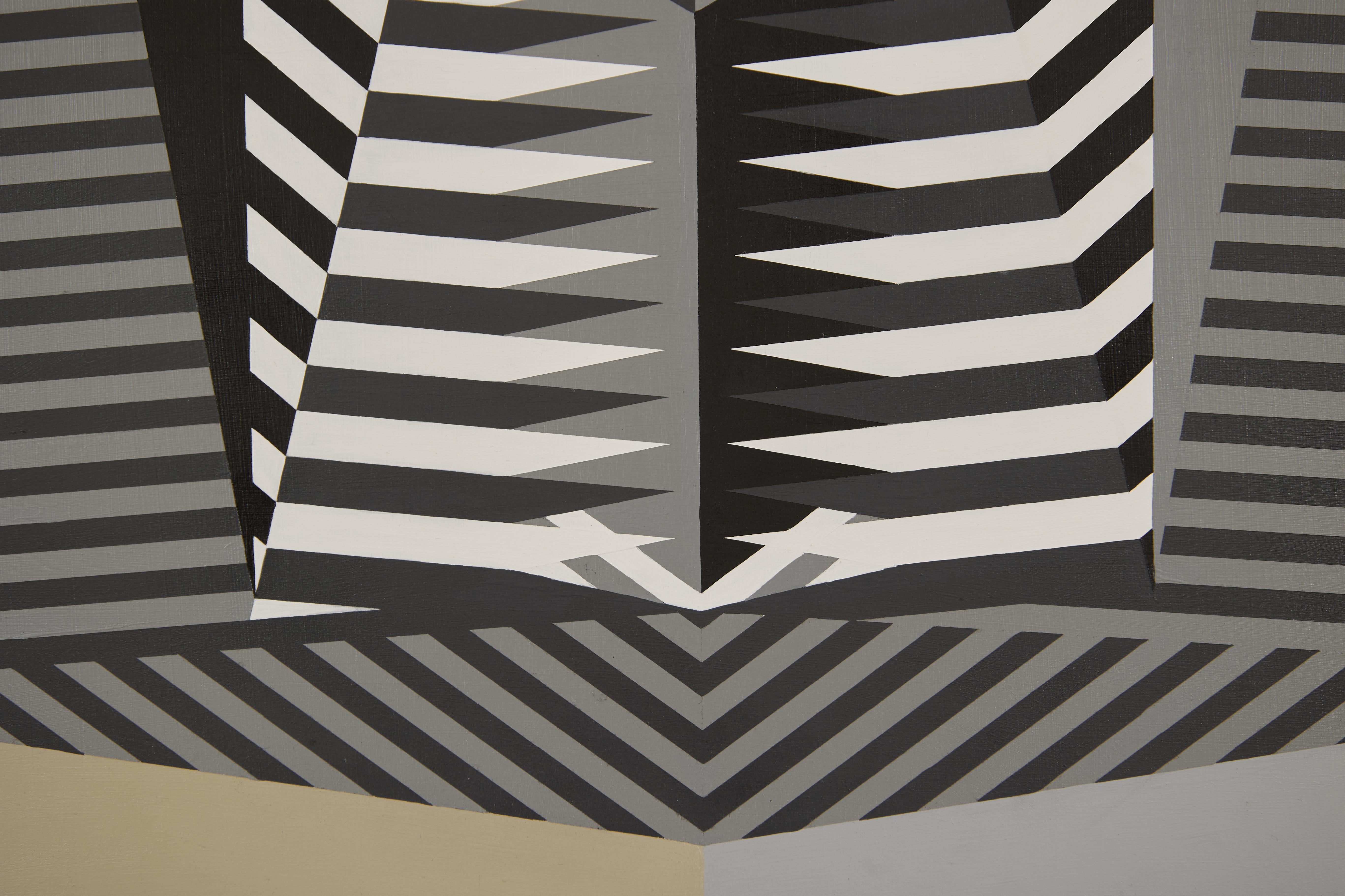 Curved Dimensions, Abstract OpArt Geometrical, Mid-Century Cleveland Artist - Gray Abstract Painting by Edwin Mieczkowski