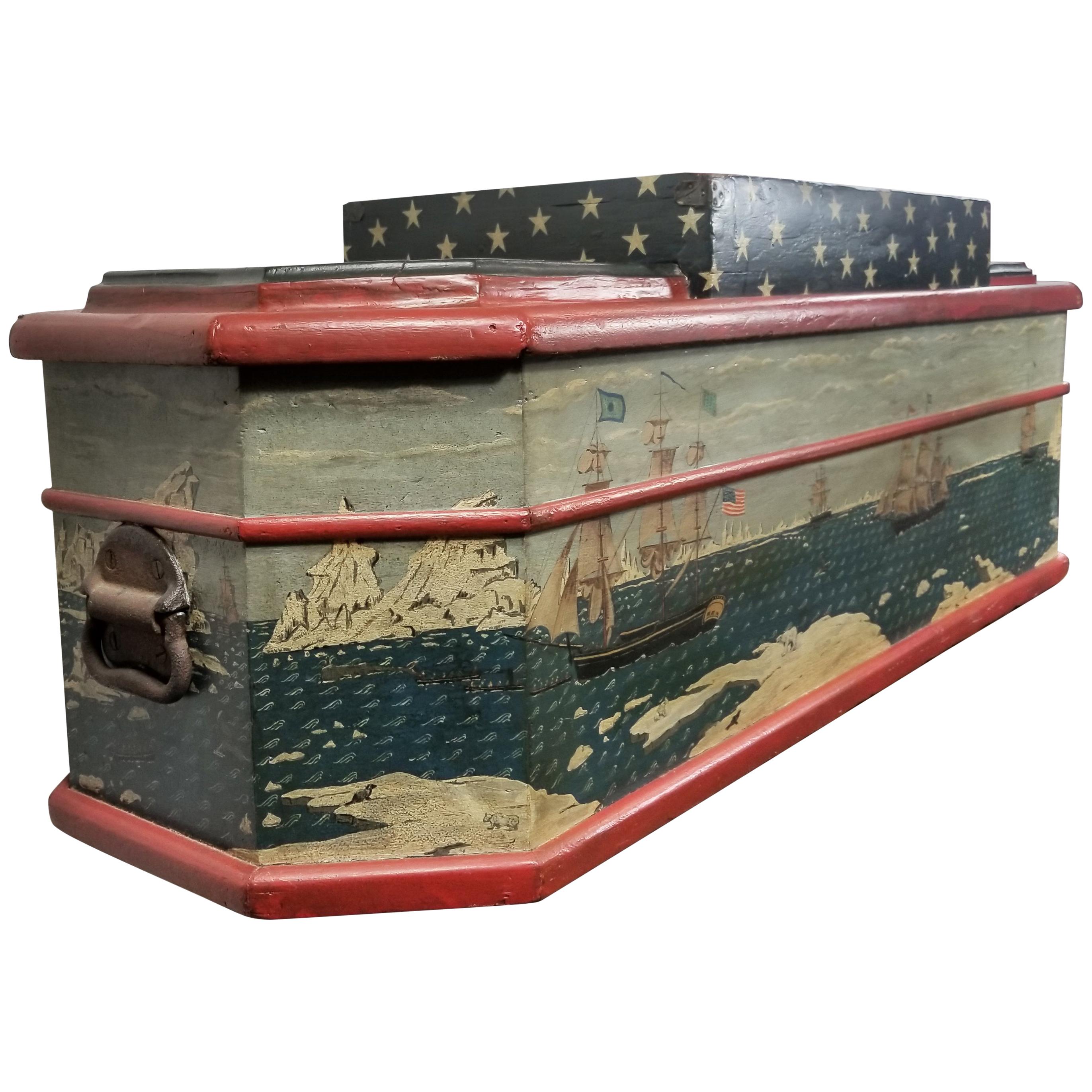 Edwin Nagel Folk Art Painted Casket Coffee Table New England Maritime Motif