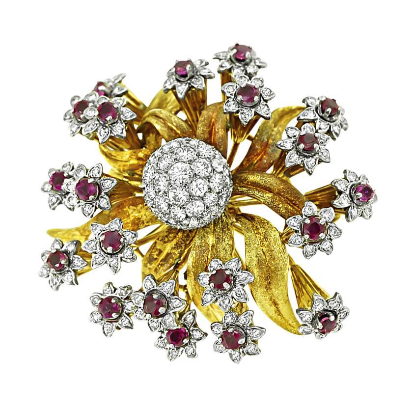 Alfiler Flor Edwin Perla 4.00ct Diamante 2.00ct Rubí Oro Corte redondo