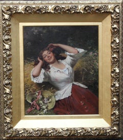 Antique A Summer Beauty - British Victorian genre art female portrait oil painting