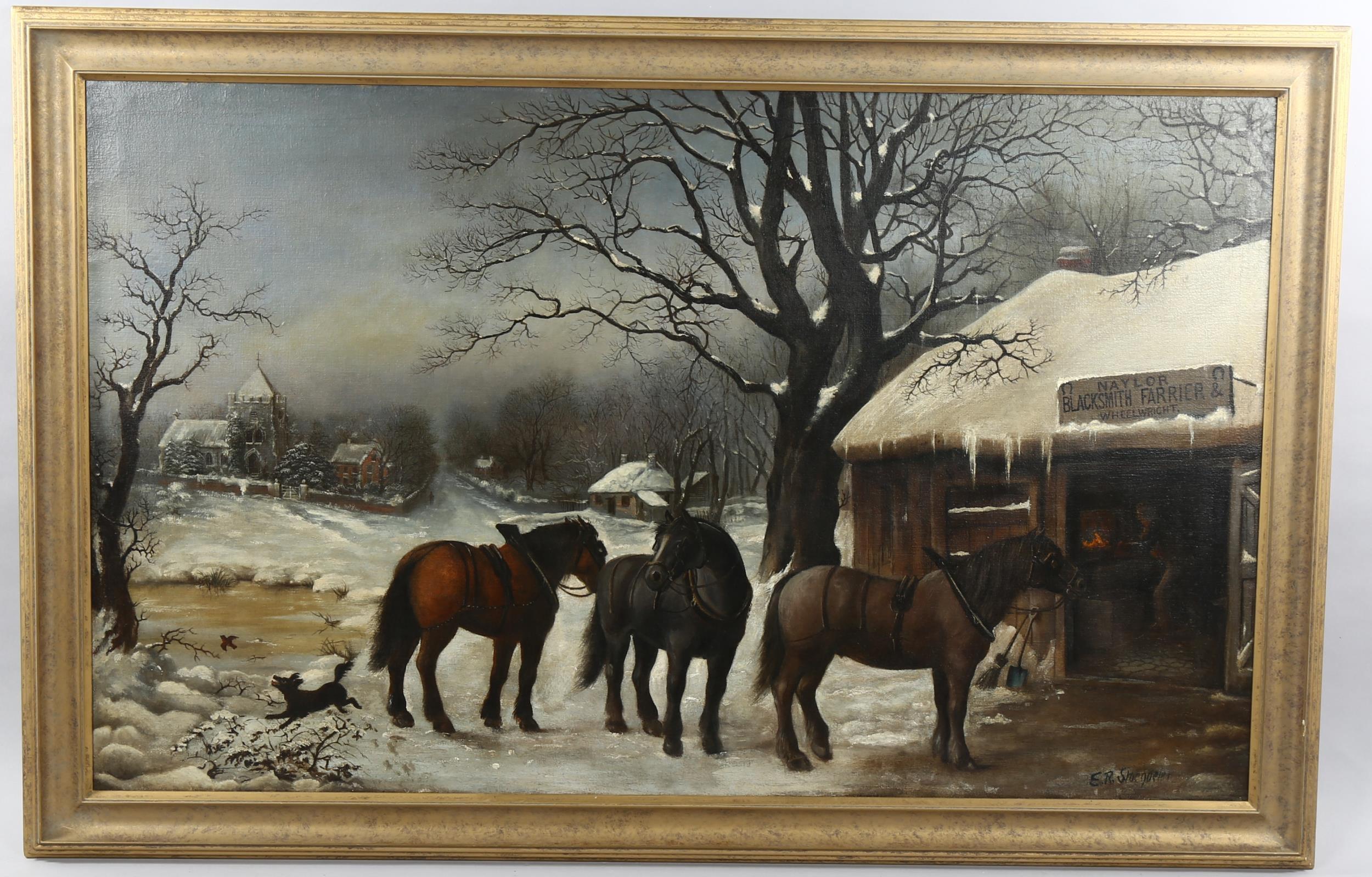 Edwin Roper Stocqueler (Australian - 1829 - 1895), oil on canvas, horses awaiting the blacksmith's in the snow, signed, 72cm x 119cm, framed
More Information
Canvas has been lined, good condition, no sign of previous damage tears or repairs, modern
