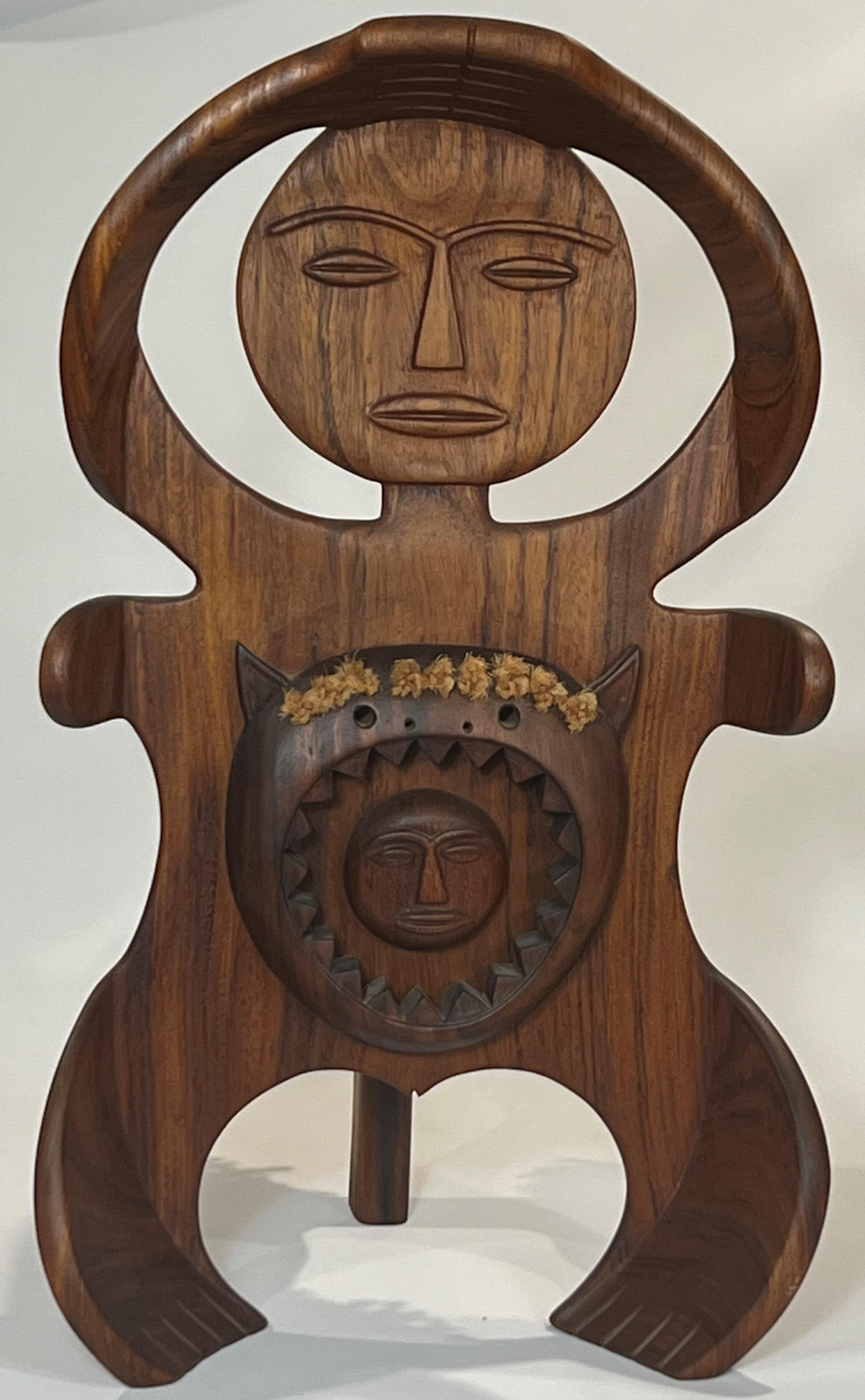 An early and fully three dimensional sculpture by Edwin Scheier exhibiting a symbolic or mythological representation that represents the circle of life. The bent wood, carving, piercing and rope work are all manifest at a high level in this quixotic