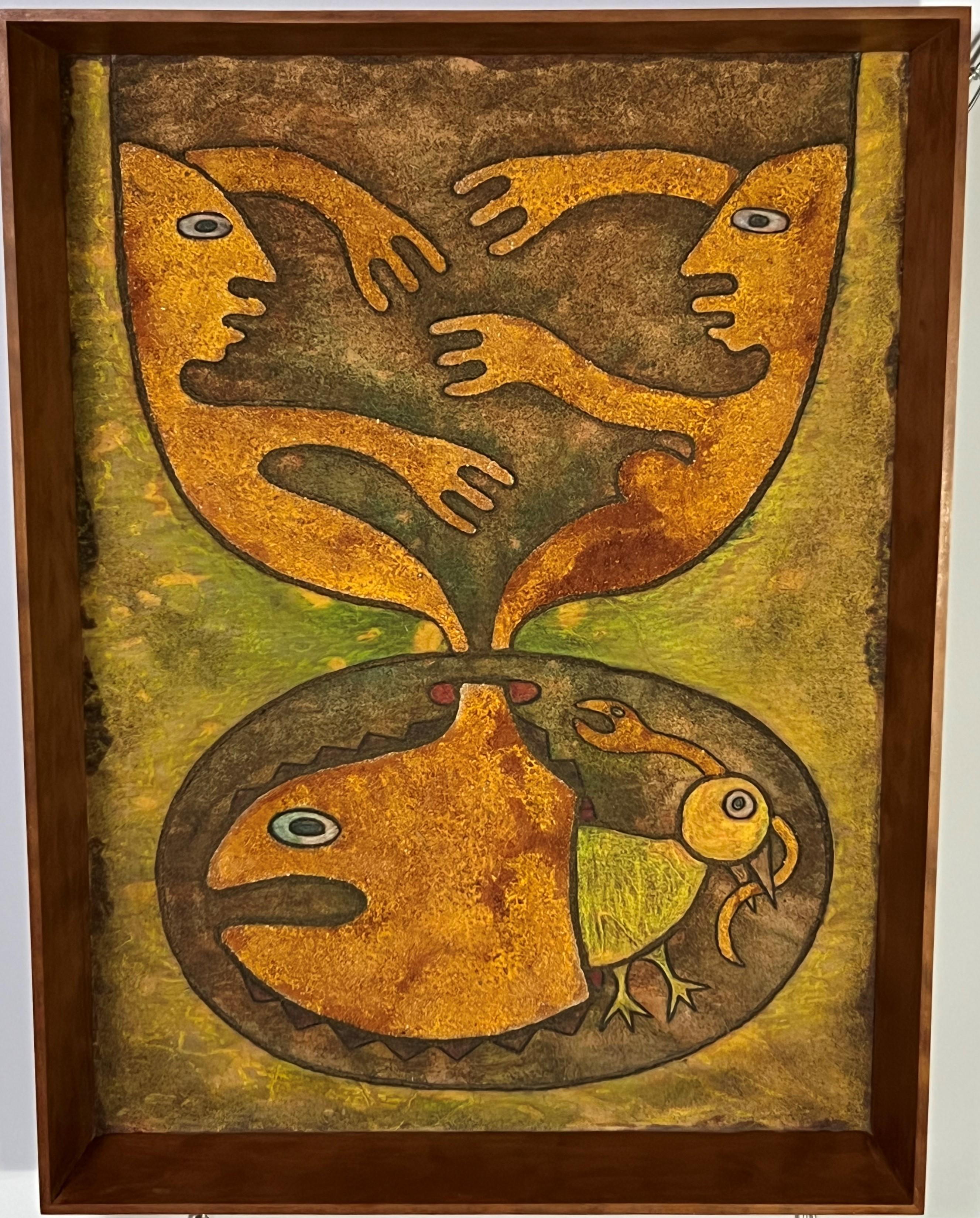 The surrealist sand paintings produced by Edwin Scheier in the 70's and 80's are among the most compelling additions to a mid century modern or contemporary interior. World renowned for their work in ceramics, Mary and Edwin Scheier developed the