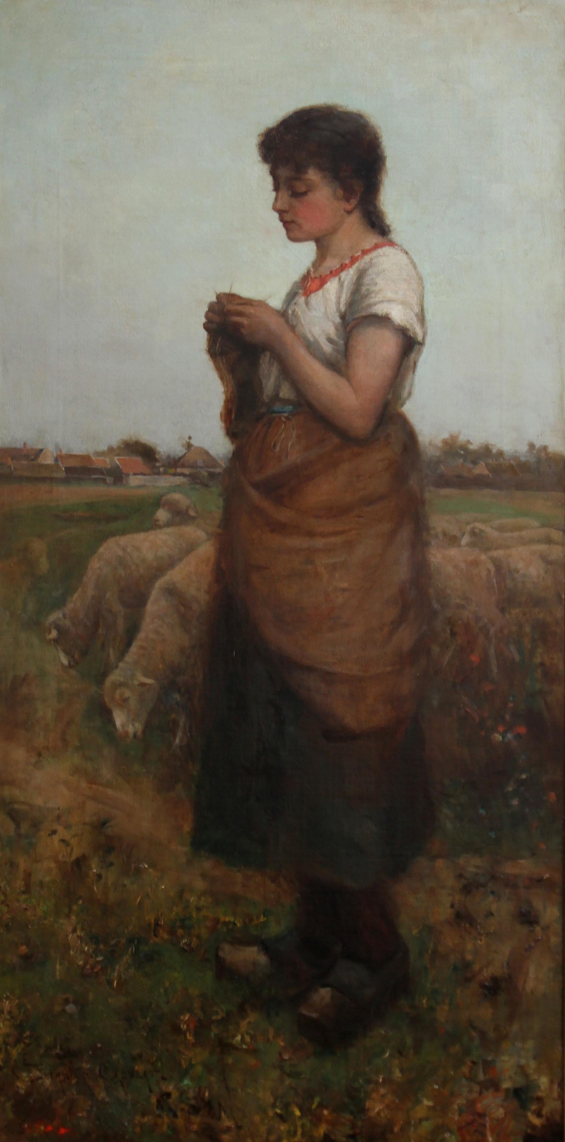 The Shepherdess - Victorian Scottish 19thC art female portrait oil painting  - Painting by Edwin Sherwood Calvert