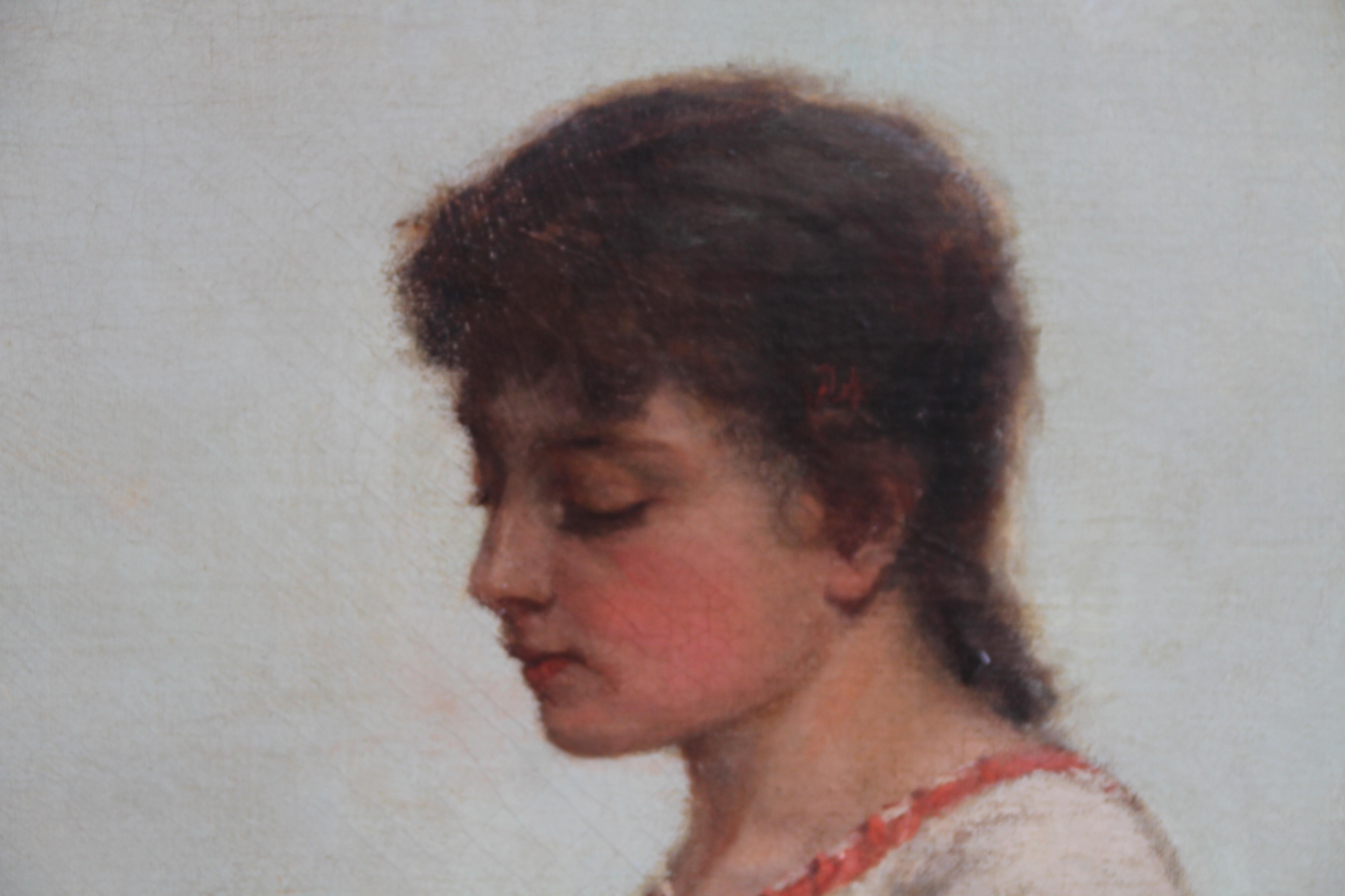 The Shepherdess - Victorian Scottish 19thC art female portrait oil painting  - Brown Portrait Painting by Edwin Sherwood Calvert