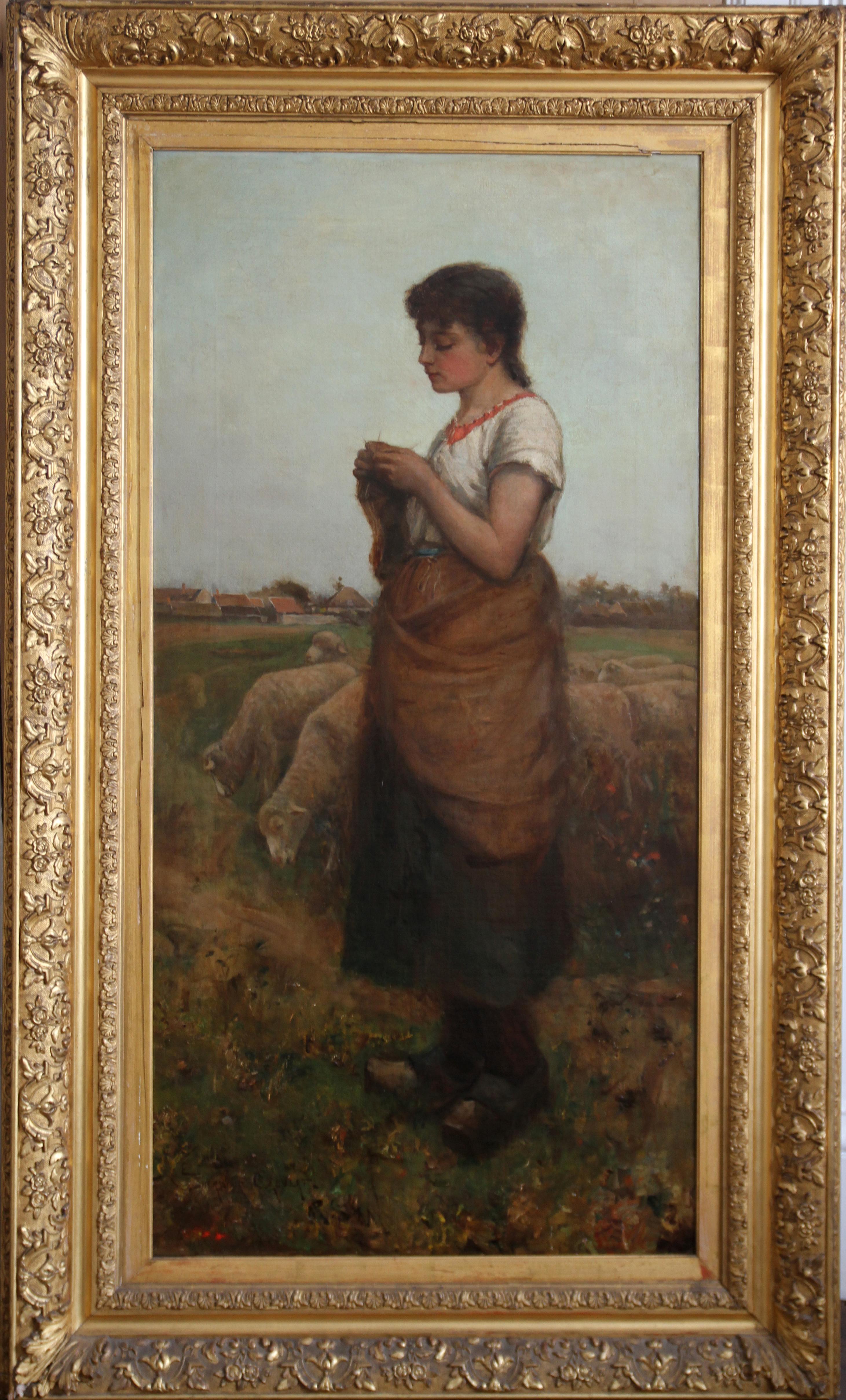 Edwin Sherwood Calvert Portrait Painting - The Shepherdess - Victorian Scottish 19thC art female portrait oil painting 