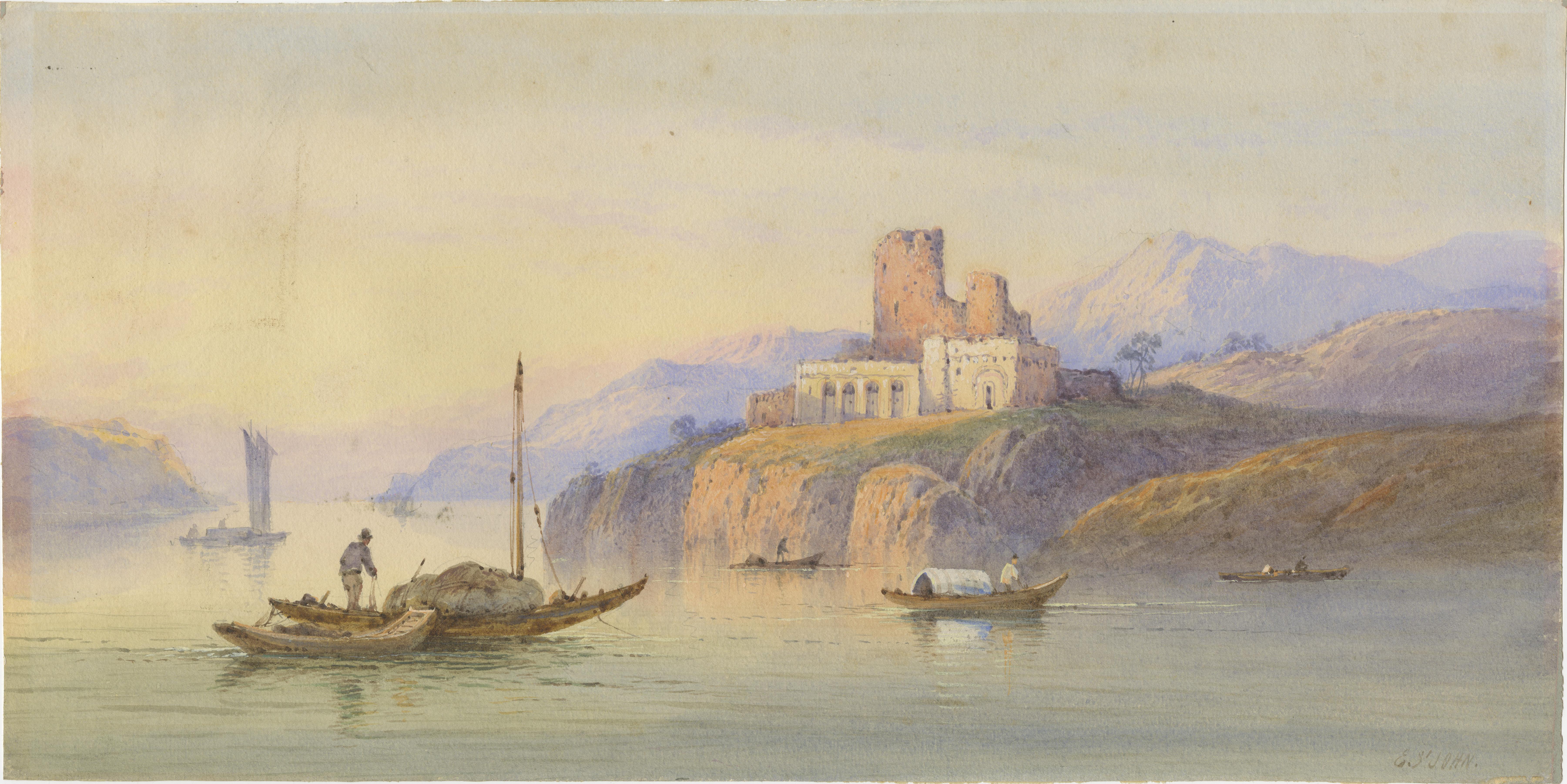 Un dipinto acquerellato attribuito a Edwin St. John, un pittore noto per i suoi paesaggi ad acquerello. Il dipinto presenta una rappresentazione scenica probabilmente ispirata a un luogo storico o pittoresco.

Edwin St. John (1875-1962) era noto per