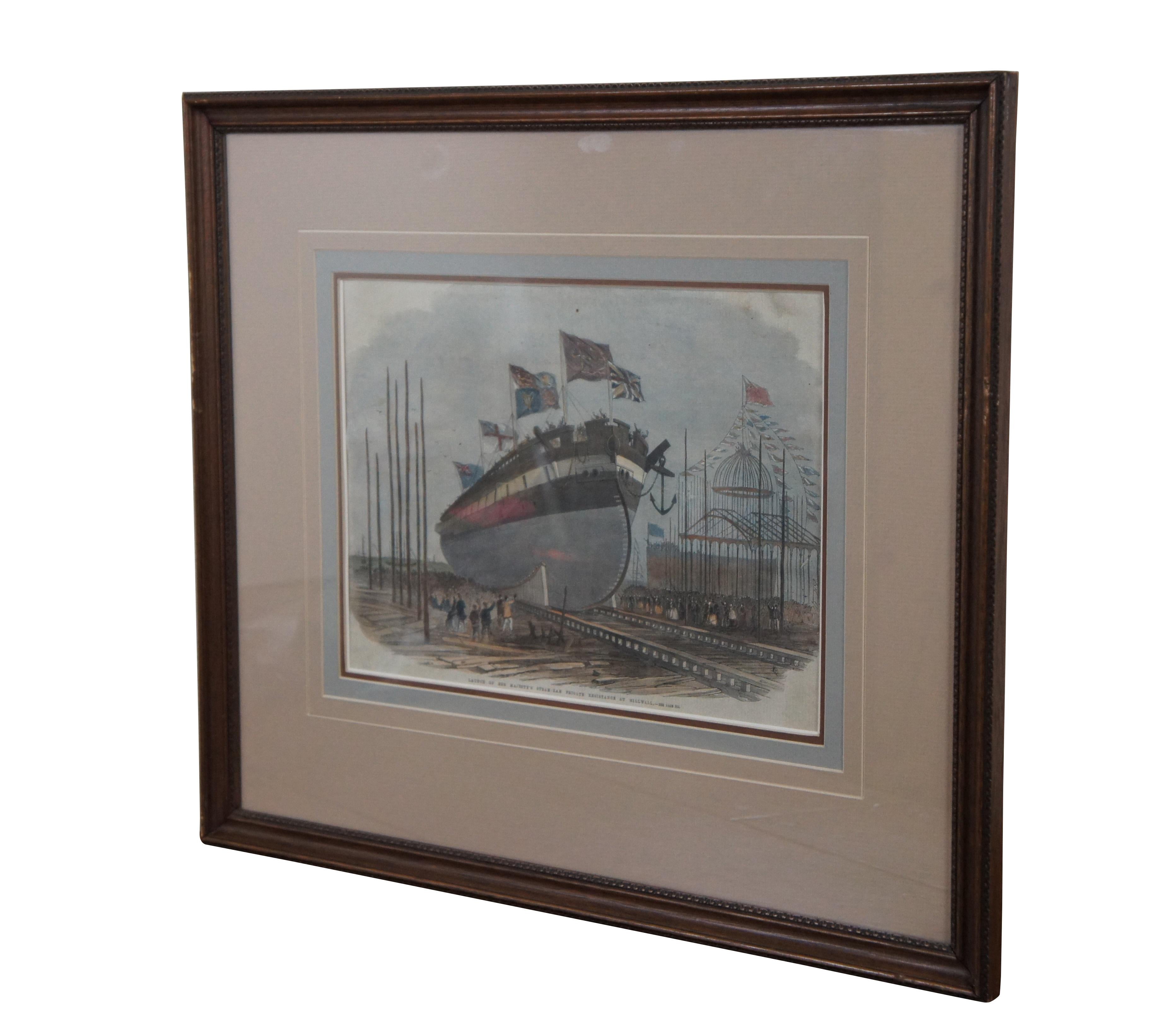Mid 19th century hand colored nautical maritime boat engraving depicting “Launch of Her Majesty’s Steam-Ram Frigate Resistance at Millwall,” by Edwin Wheedeon , extracted from The Illustrated London News 1861. Features a wood frame with carved