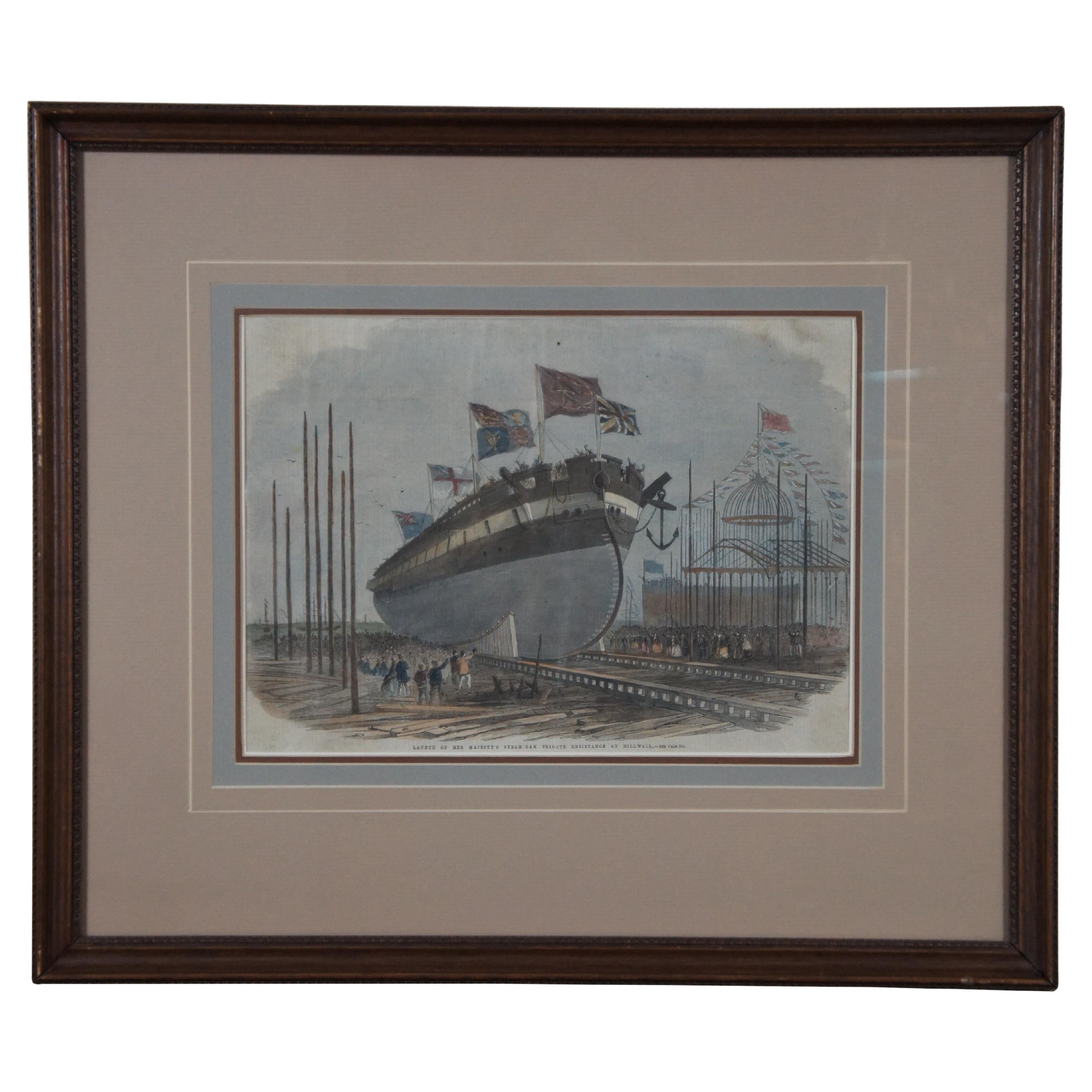 Edwin Wheedeon London News Launch of Her Majestys Steam Ship Engraving 22" For Sale