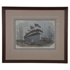 Antique Edwin Wheedeon London News Launch of Her Majestys Steam Ship Engraving 22"