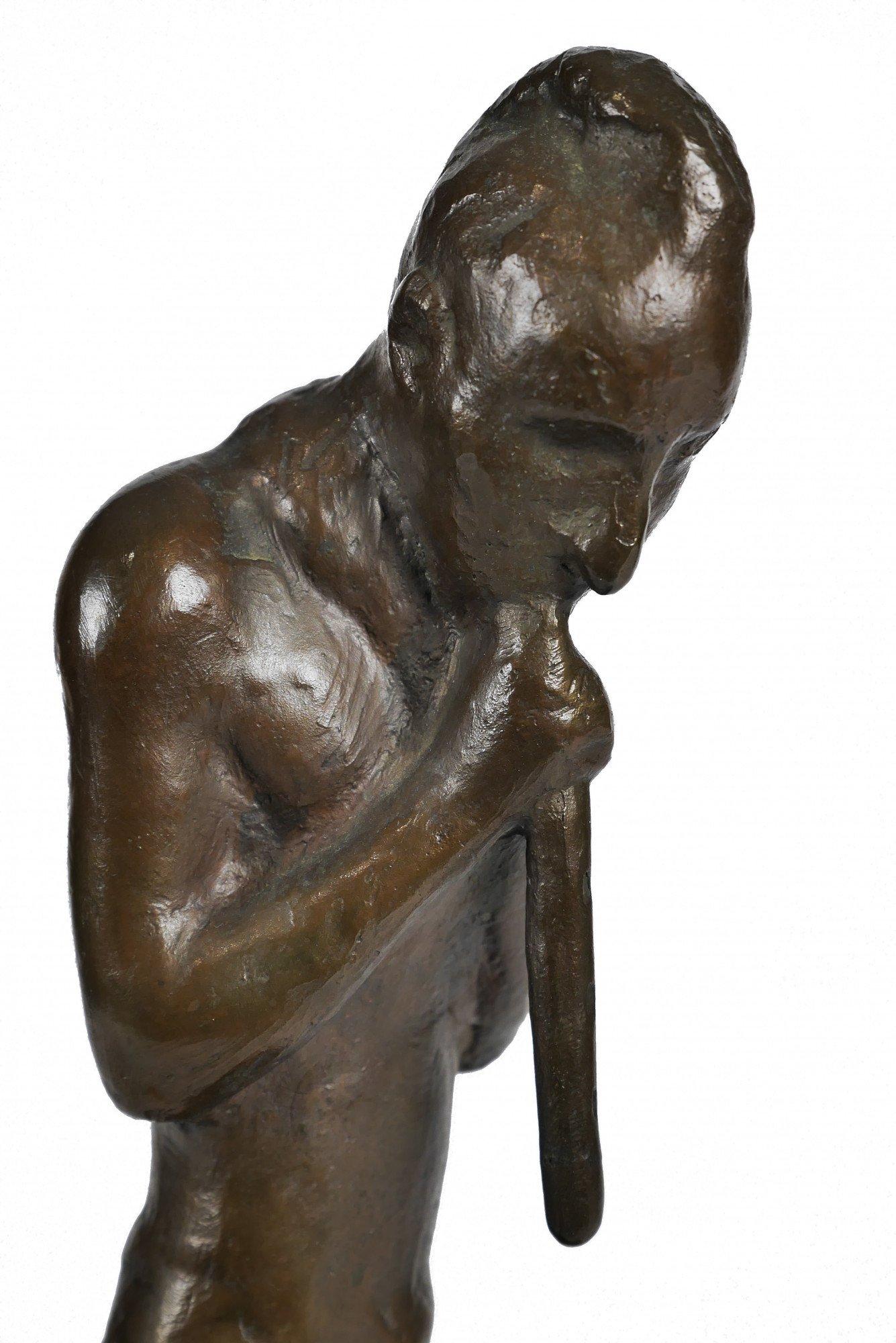 Man with Flute and Cougar, American 19th/20th century bronze w/ marble base - Sculpture by Edwin Willard Deming