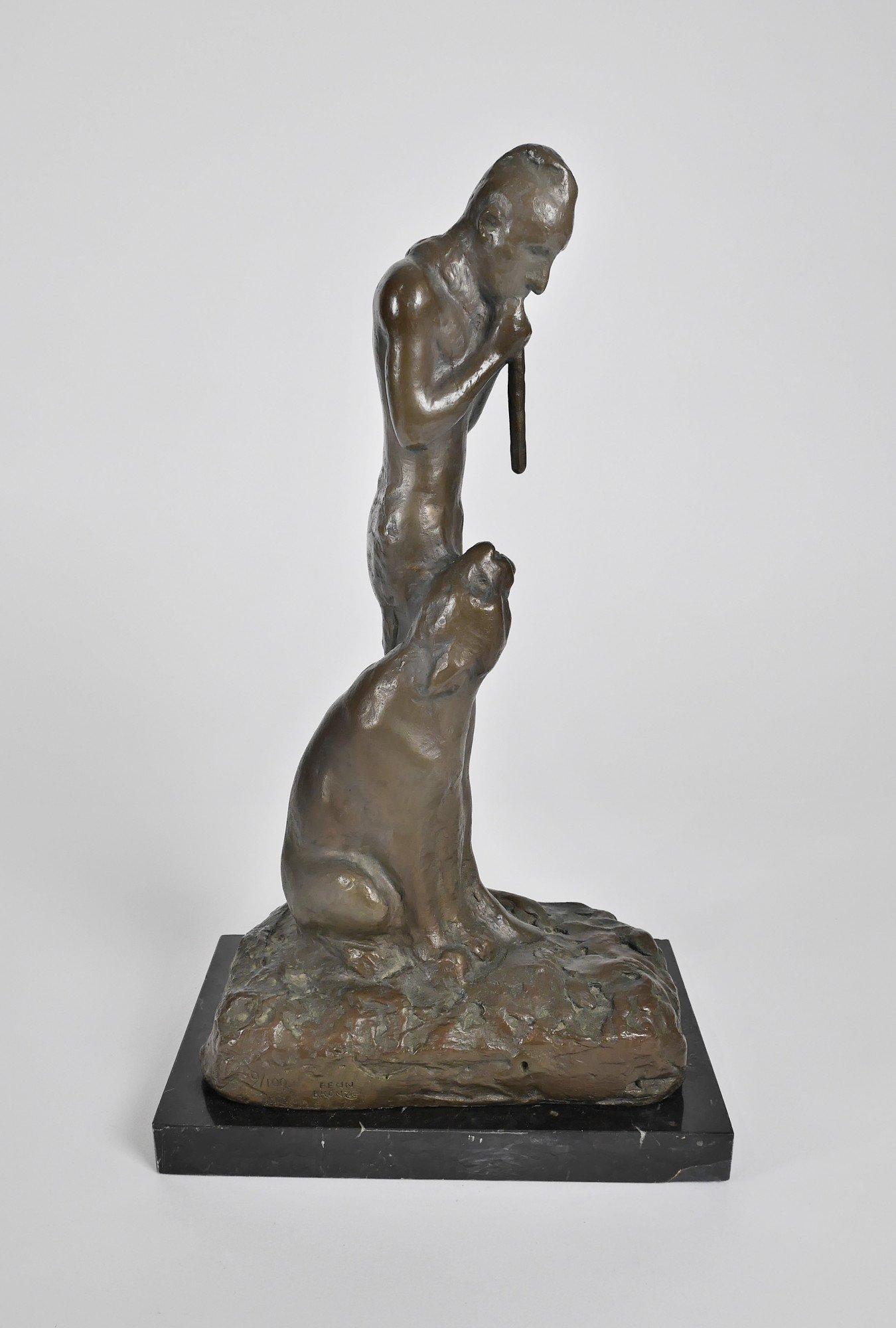 Man with Flute and Cougar, American 19th/20th century bronze w/ marble base For Sale 1