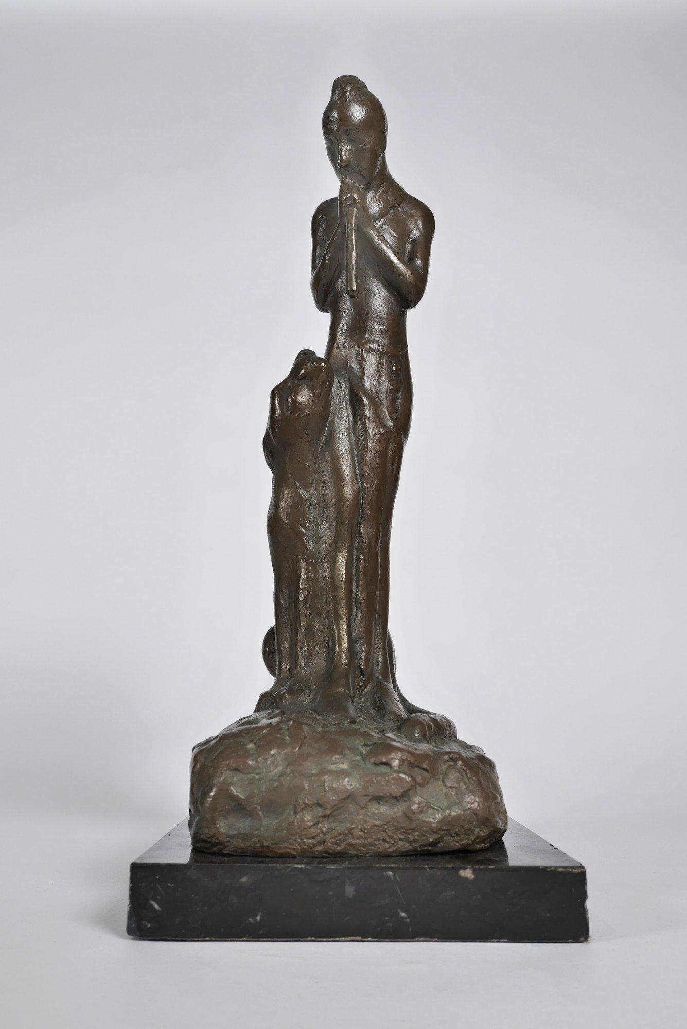 Man with Flute and Cougar, American 19th/20th century bronze w/ marble base For Sale 2