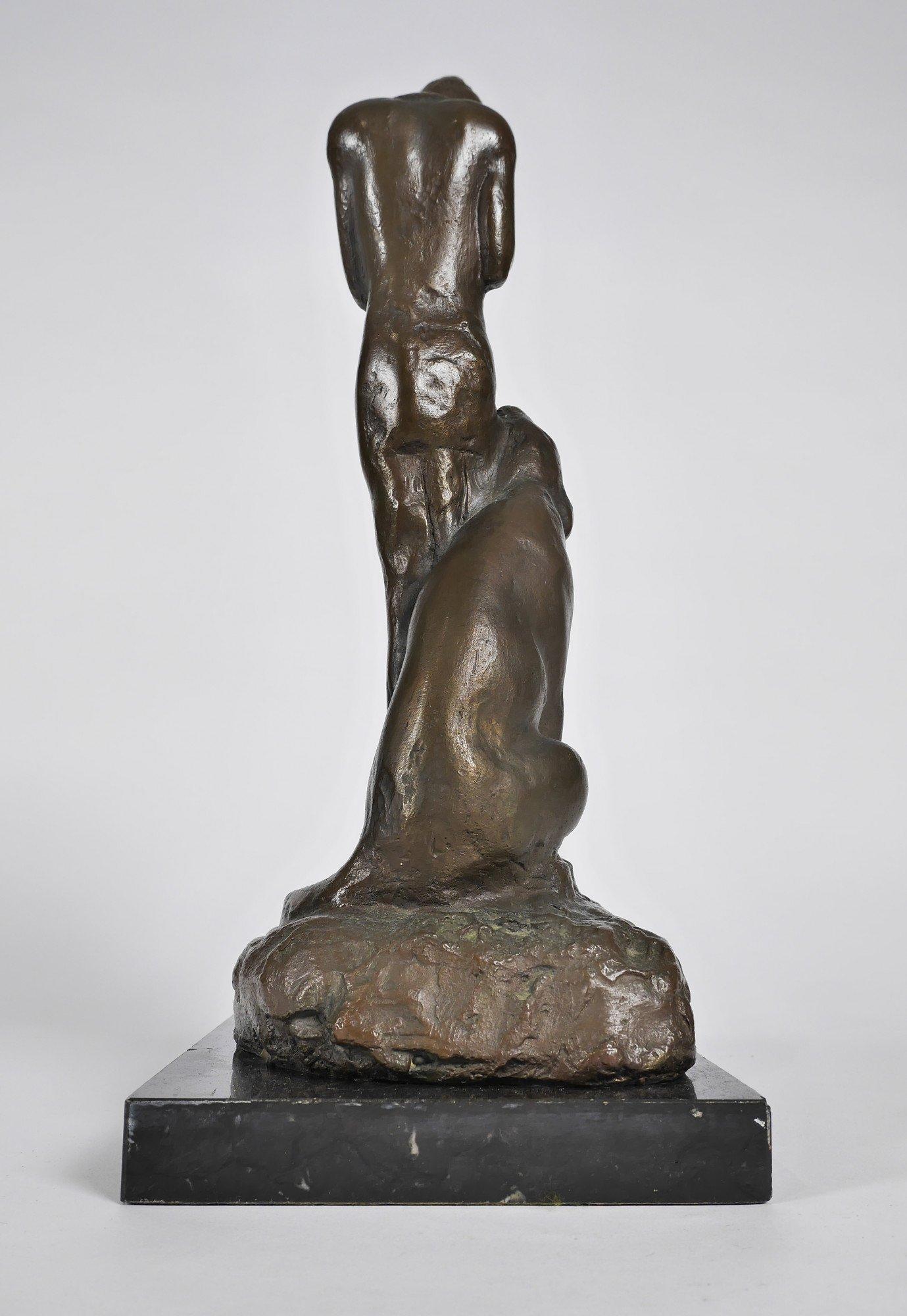 Man with Flute and Cougar, American 19th/20th century bronze w/ marble base For Sale 3