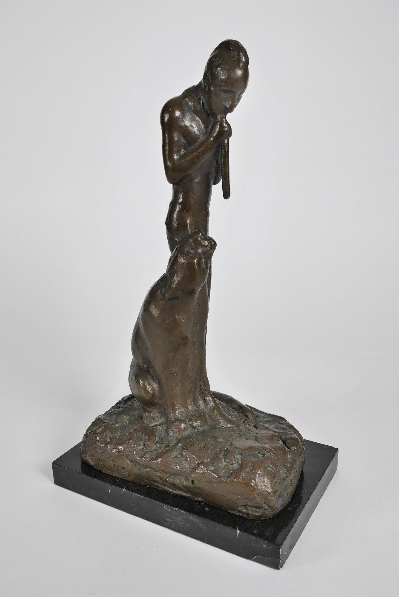 Man with Flute and Cougar, American 19th/20th century bronze w/ marble base