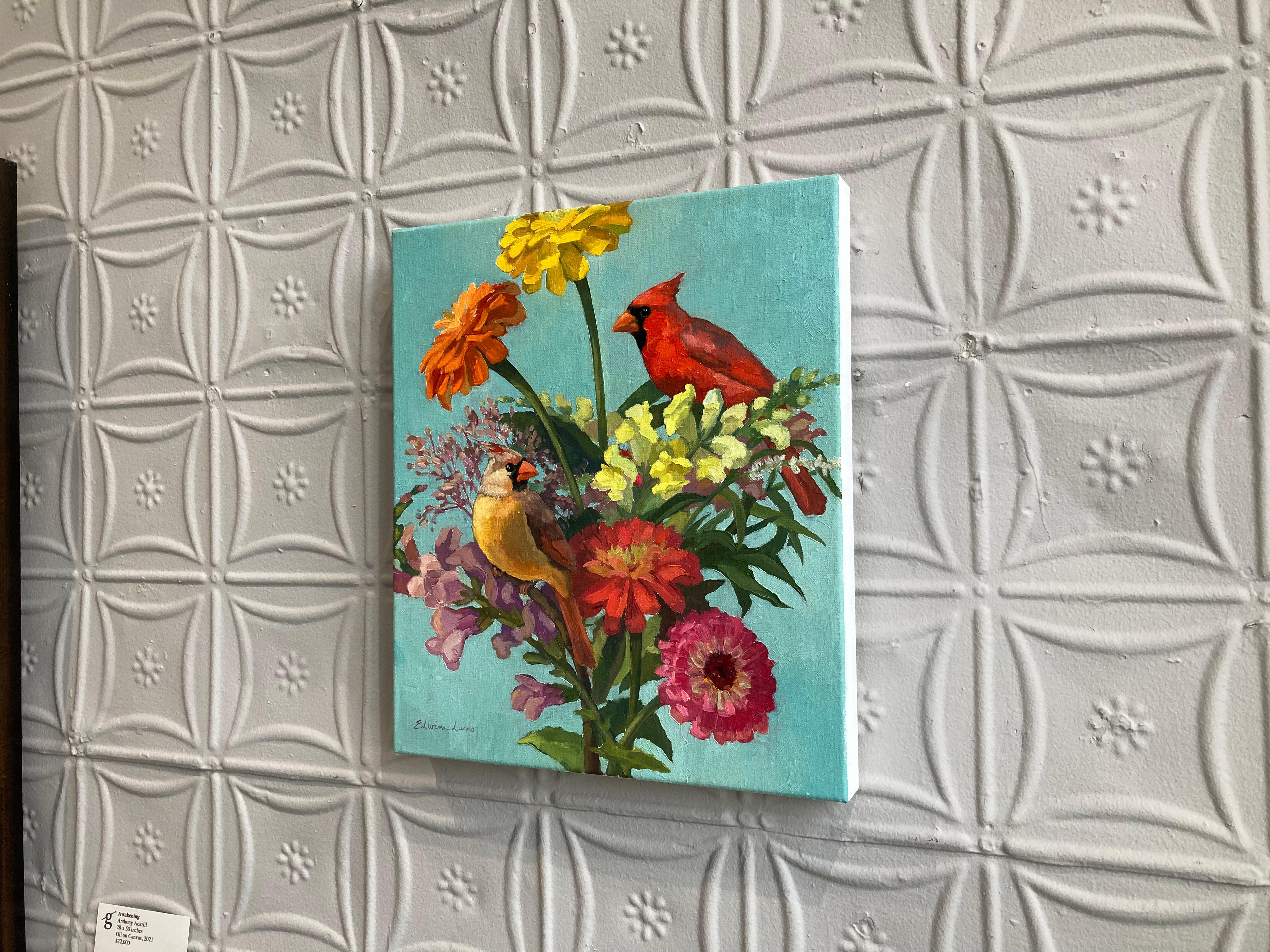 „ Cardinal Rule“ Zwei Vögel zwischen bunten Blumen im Angebot 6