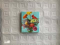 "Cardinal Rule" Two birds sitting among colorful flowers