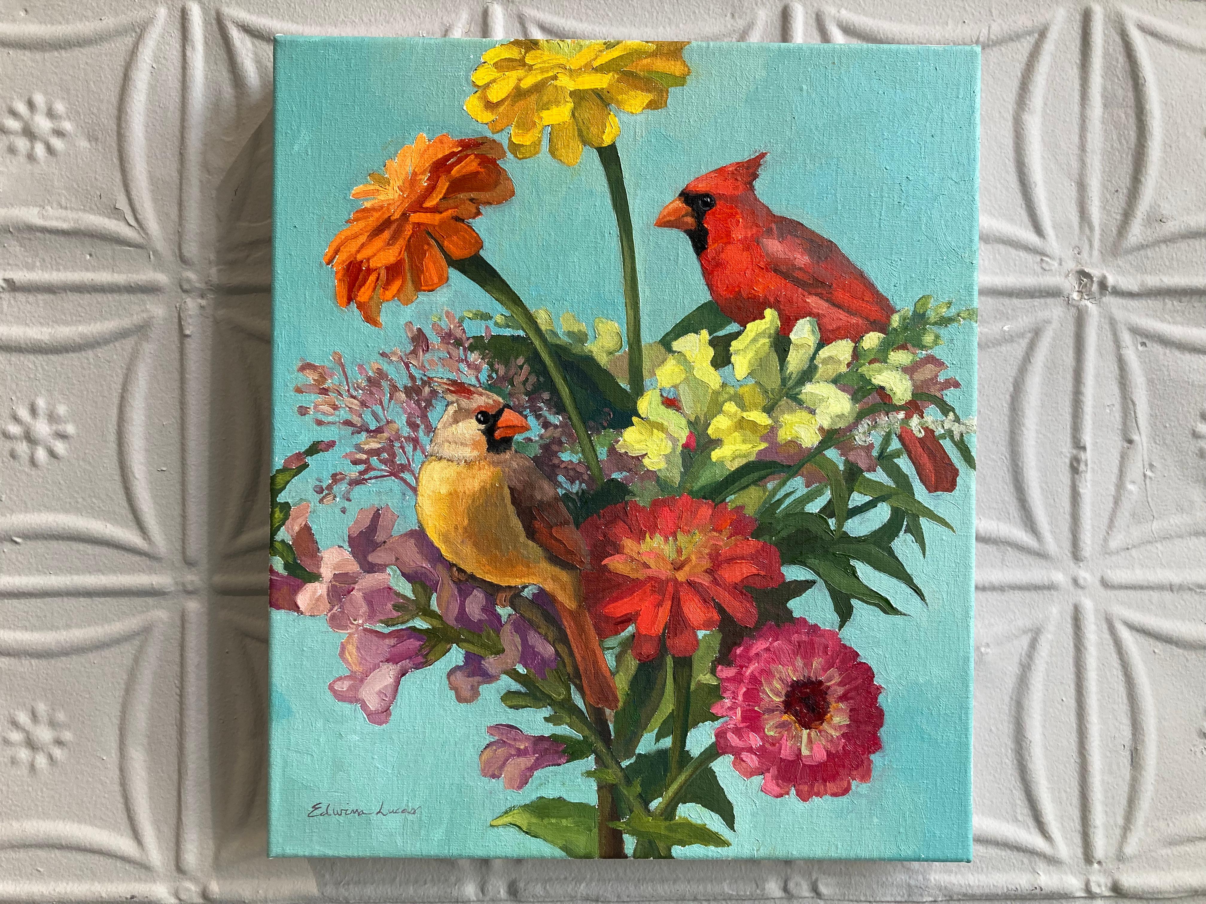 Zwei Kardinalvögel sitzen in diesem Gemälde des amerikanischen Realismus auf bunten Blumen. Ein abstrahierter blauer Hintergrund ermöglicht es dem Betrachter, sich auf das Stillleben zu konzentrieren. Lucas versteht es meisterhaft, eine chaotische
