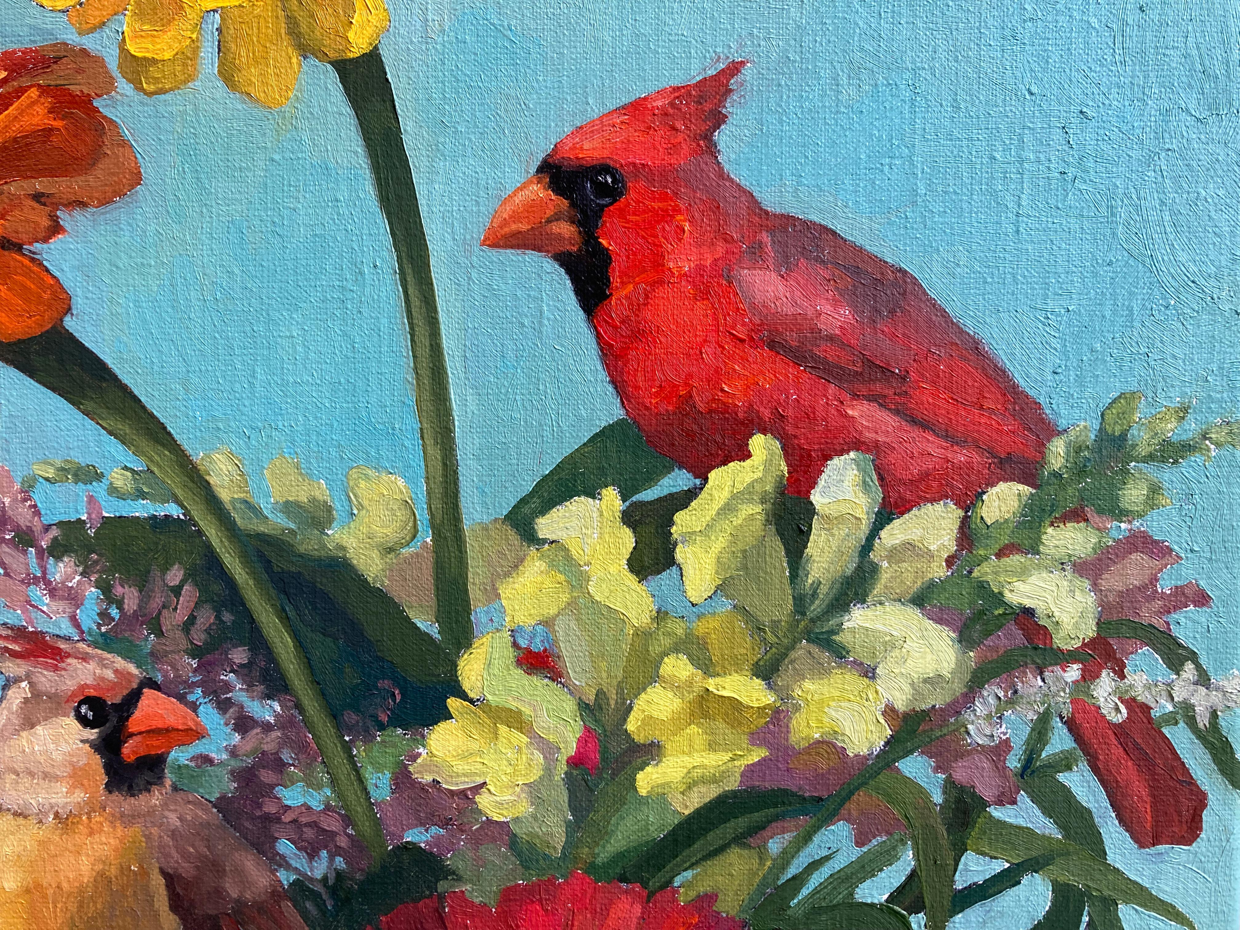 Deux oiseaux assis parmi des fleurs colorées « Cardinal Rule » en vente 3