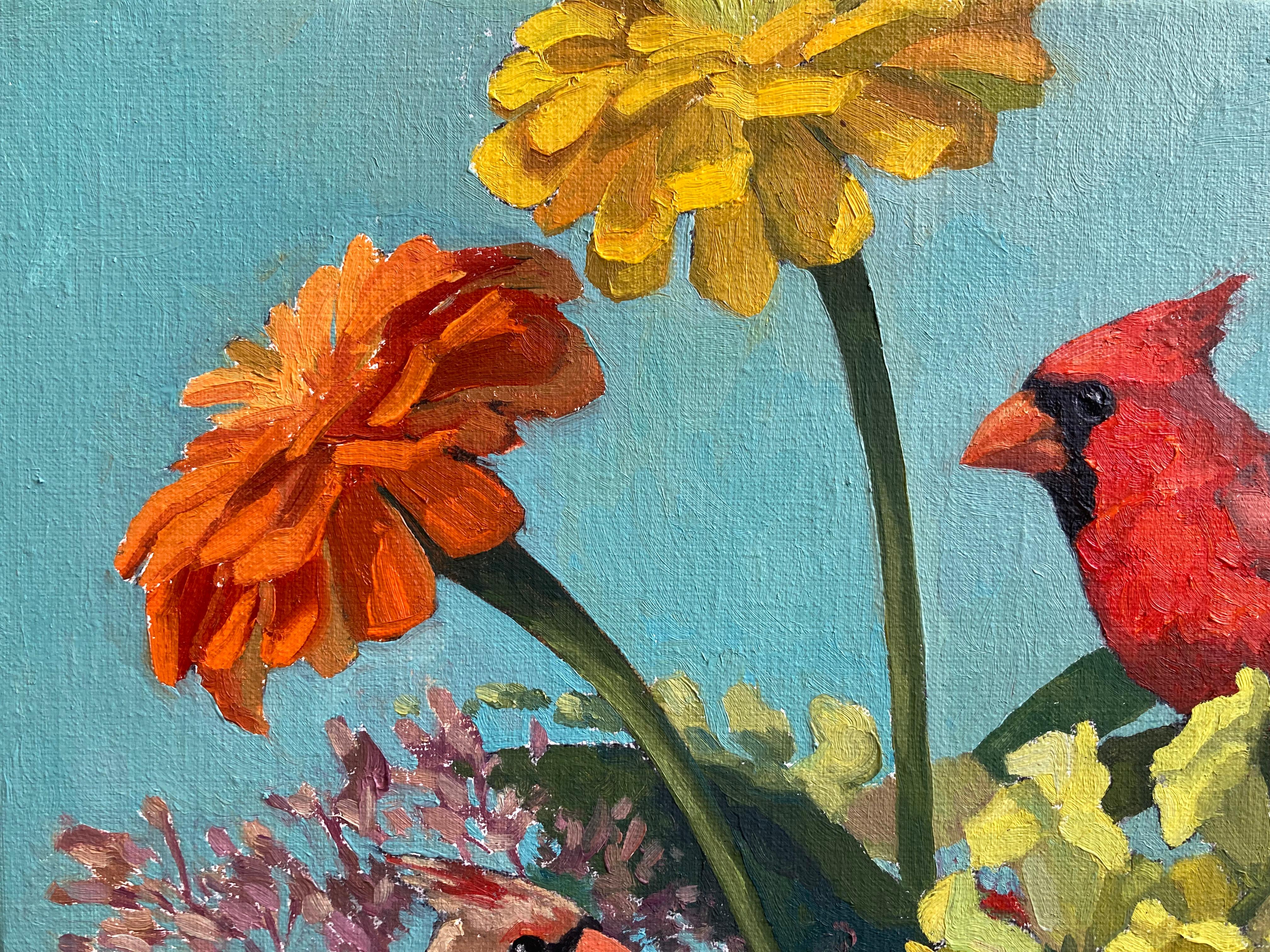 Deux oiseaux assis parmi des fleurs colorées « Cardinal Rule » en vente 4