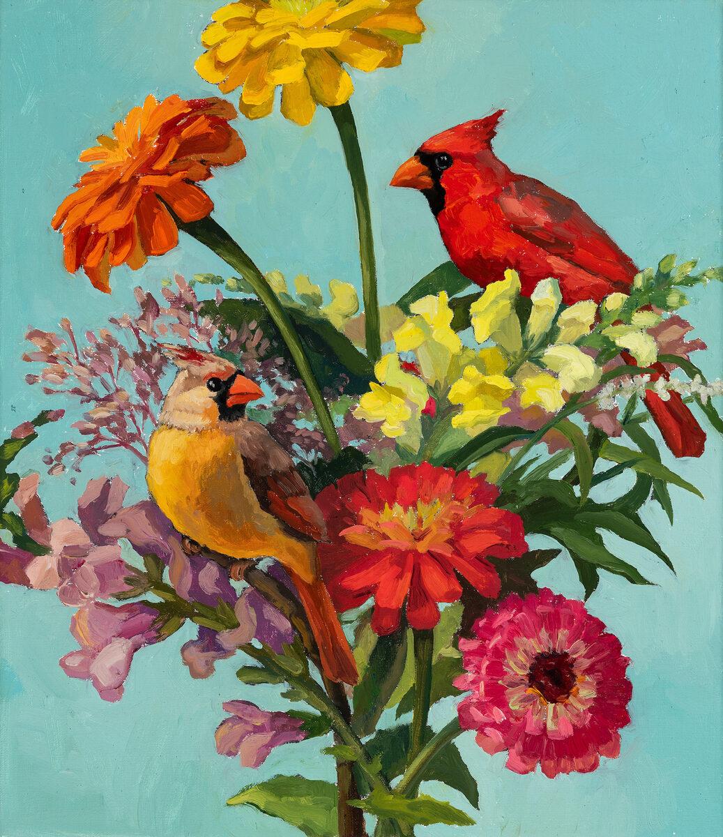 Edwina Lucas Landscape Painting - "Cardinal Rule" Two birds sitting among colorful flowers
