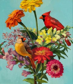 "Cardinal Rule" Two birds sitting among colorful flowers