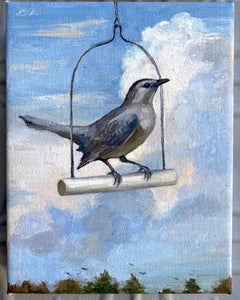 "Catbird" blue bird against bright sky