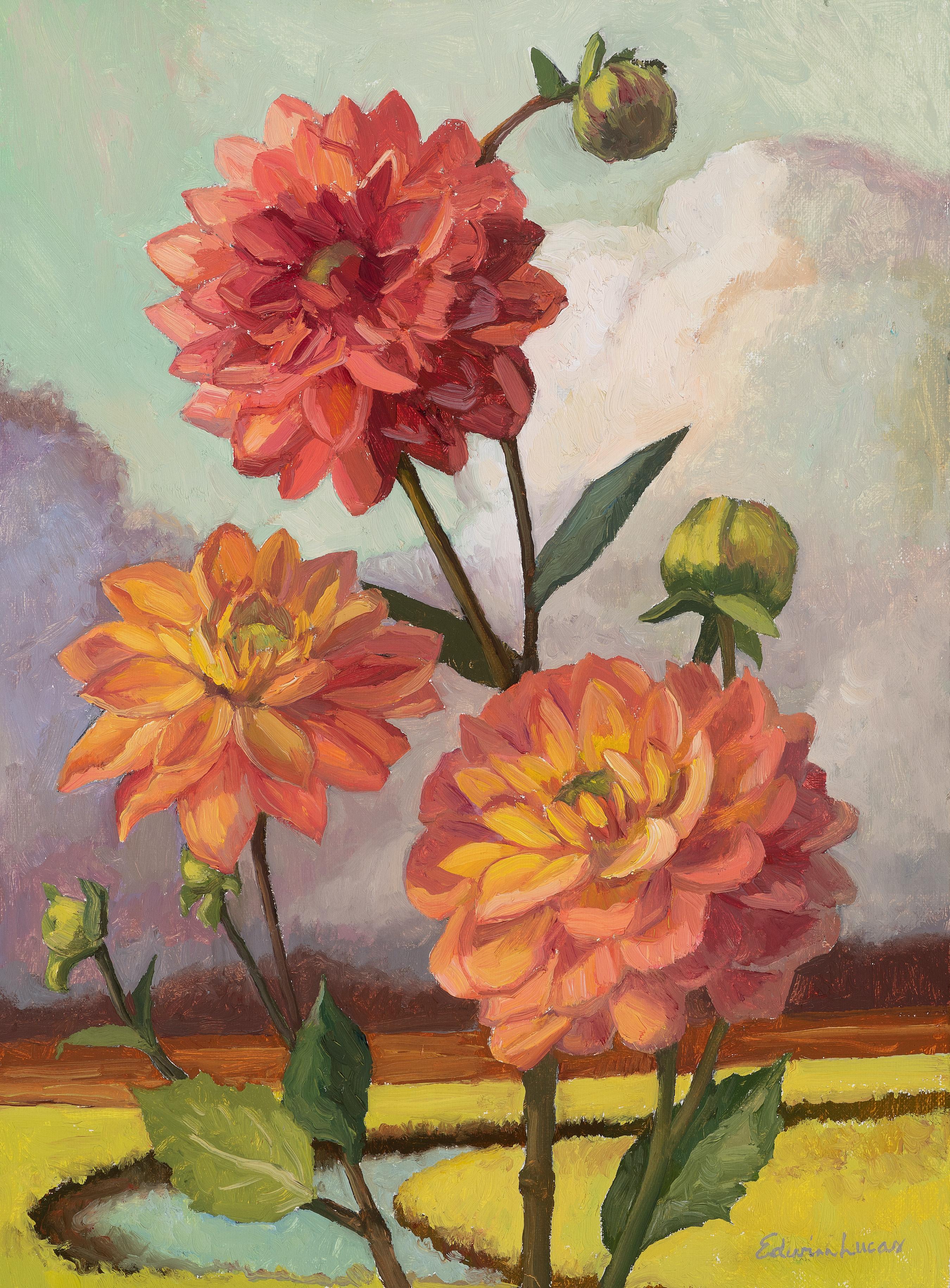 "Dahlias with a View" Contemporary oil painting of bold flowers over landscape