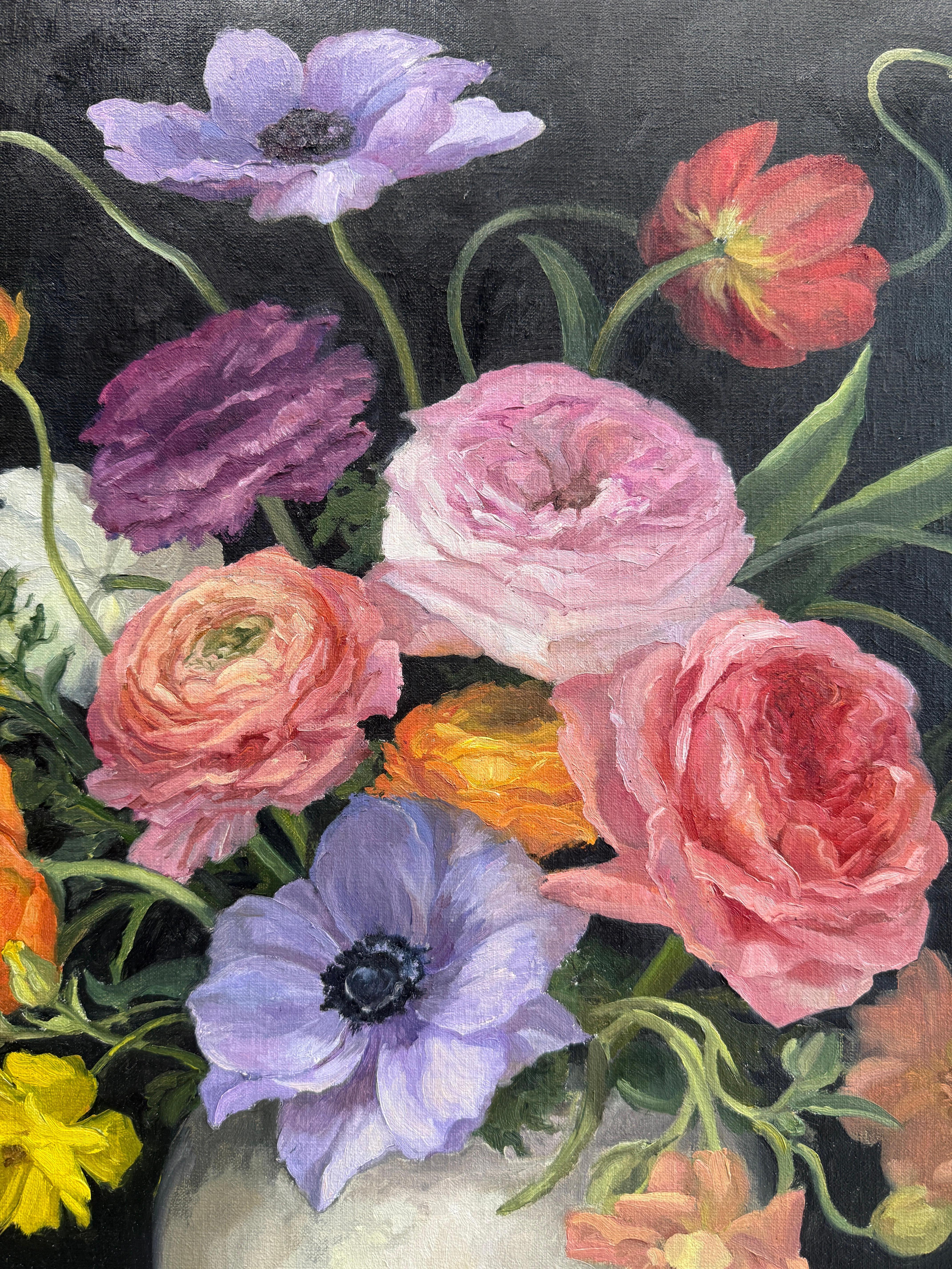 „Delightful gathering“ amerikanisches realistisches Stillleben mit bunten Blumen in Vase im Angebot 10