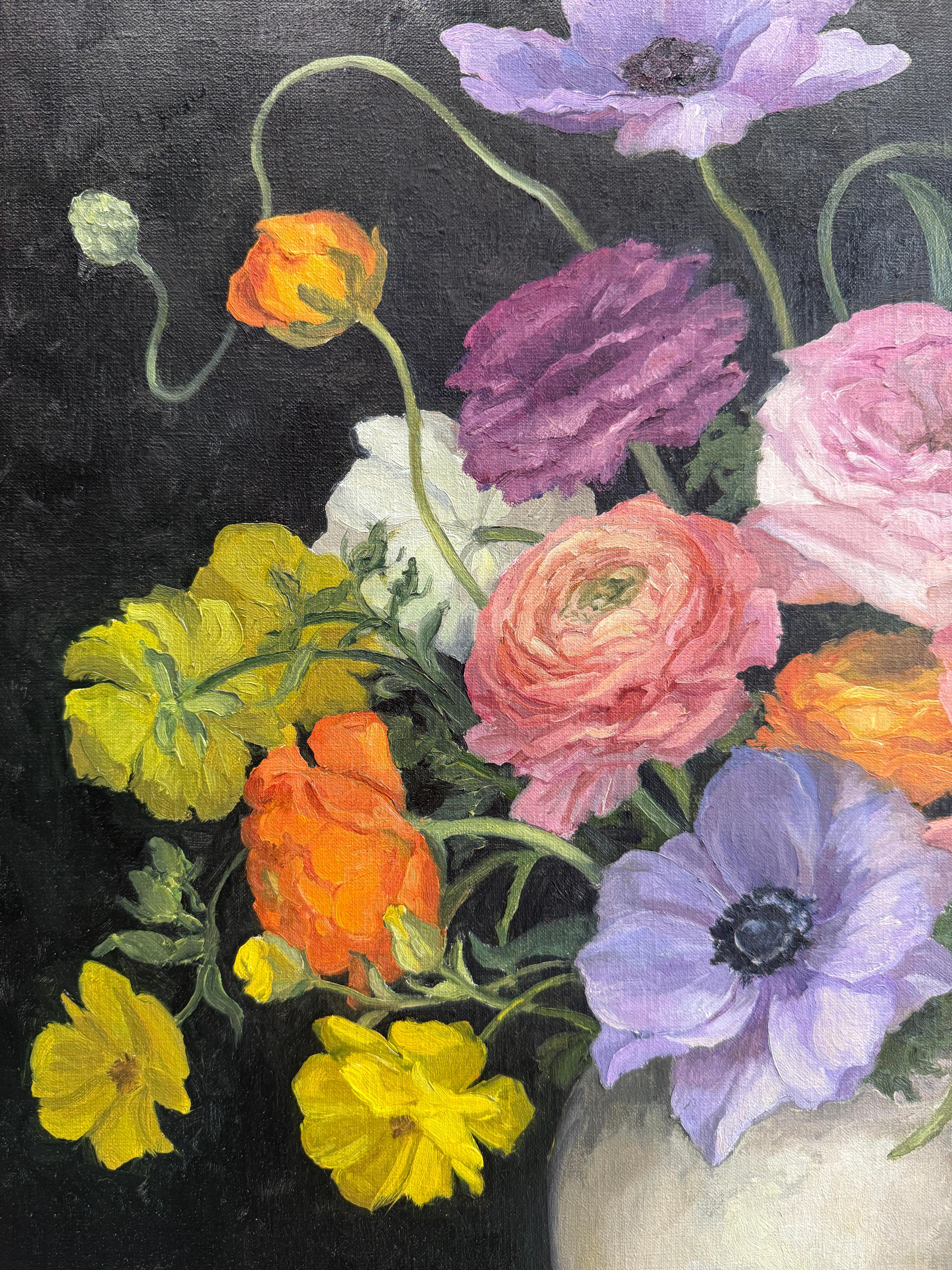 „Delightful gathering“ amerikanisches realistisches Stillleben mit bunten Blumen in Vase im Angebot 6