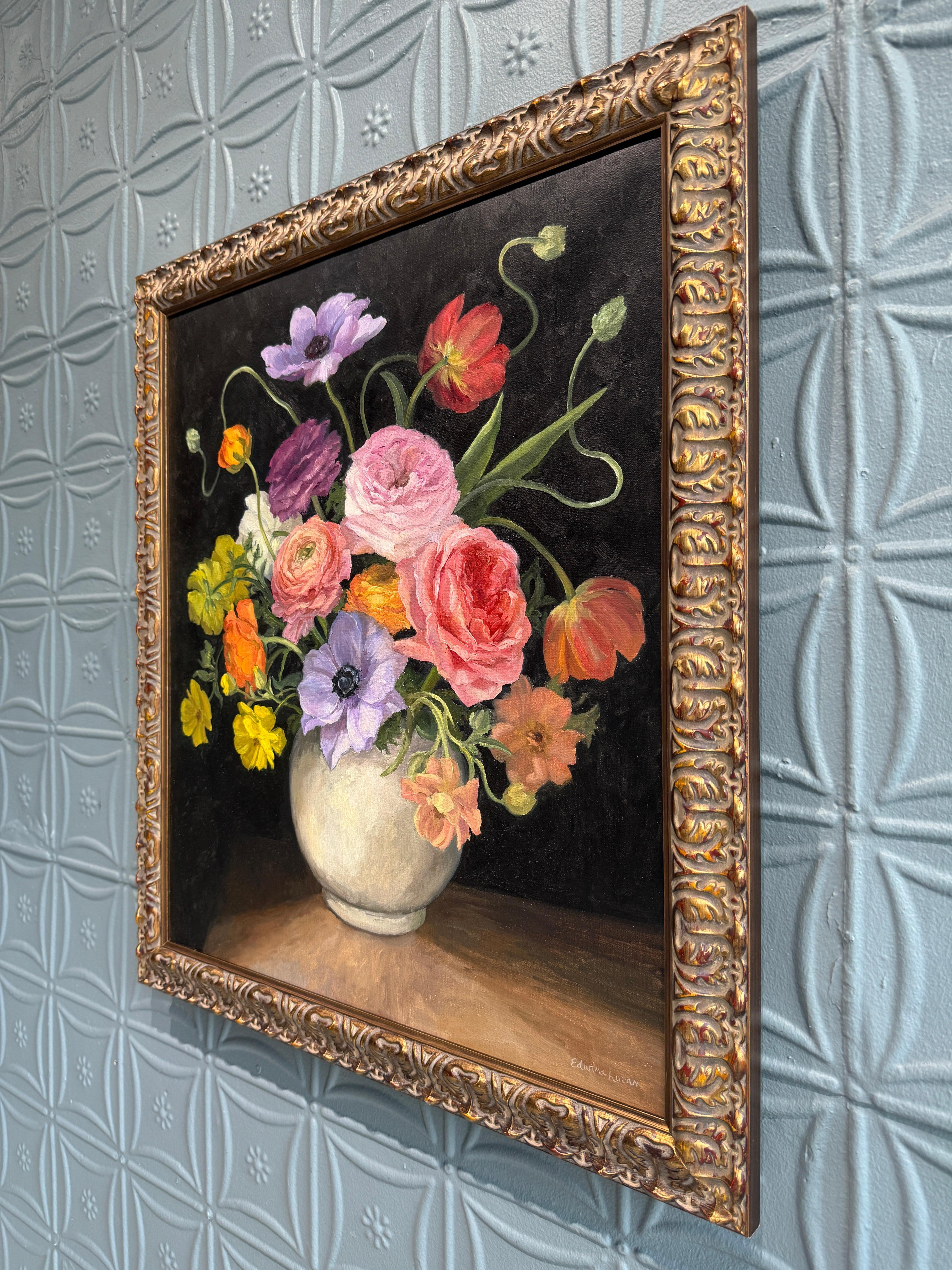„Delightful gathering“ amerikanisches realistisches Stillleben mit bunten Blumen in Vase im Angebot 13