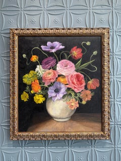 „Delightful gathering“ amerikanisches realistisches Stillleben mit bunten Blumen in Vase